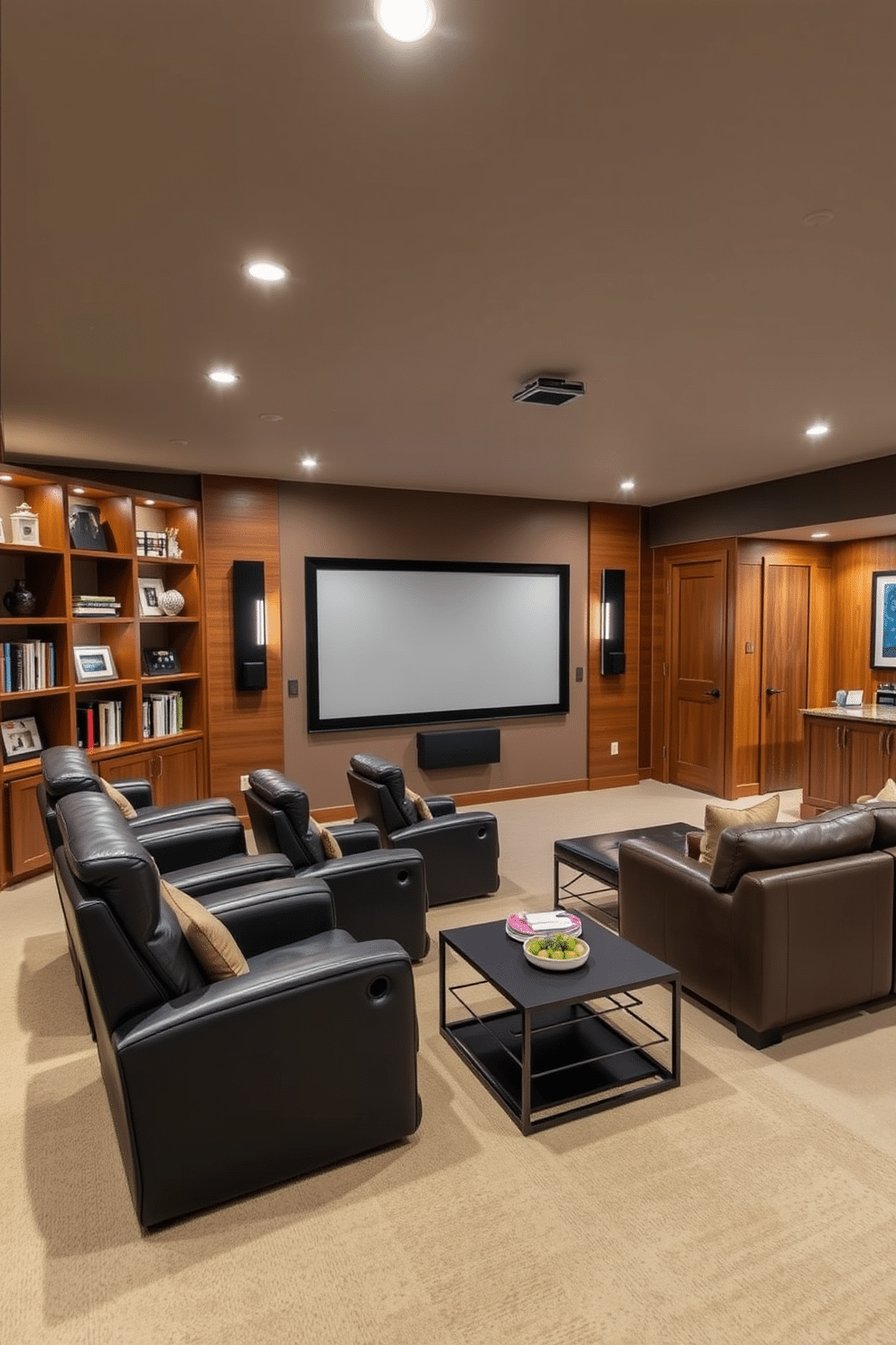 A modern home theater features a large projector screen mounted on the wall, flanked by sleek built-in shelving filled with books and decor. Plush, dark leather recliners are arranged in a tiered layout, creating an immersive viewing experience, while ambient lighting highlights the room's contemporary design. The finished basement is designed as a multifunctional space, showcasing a cozy lounge area with a sectional sofa and a stylish coffee table. Warm wood paneling contrasts with the light-colored carpet, and a small kitchenette with a bar counter adds convenience for entertaining guests.