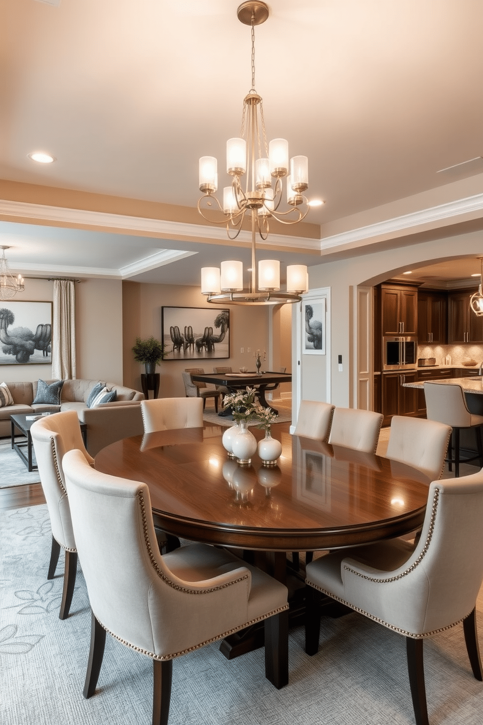 Elegant dining area for family gatherings. The space features a large, polished wooden table surrounded by plush upholstered chairs, with a stunning chandelier hanging overhead. Finished Basement Design Ideas. The basement includes a cozy lounge area with a sectional sofa, a wet bar with stylish cabinetry, and a game table for entertaining guests.