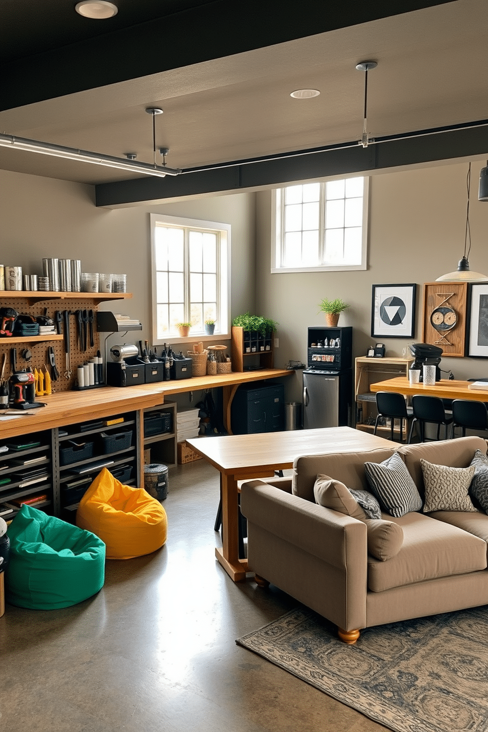 A creative hobby space for DIY projects featuring a spacious workbench made of reclaimed wood, surrounded by organized shelves filled with various tools and materials. Natural light floods the room through large windows, and a cozy seating area with colorful bean bags invites relaxation between projects. Finished basement design ideas that include an open-concept layout with a stylish bar area and a comfortable lounge space equipped with a large sectional sofa. Soft lighting creates a warm atmosphere, while decorative accents like framed artwork and potted plants add personality to the space.