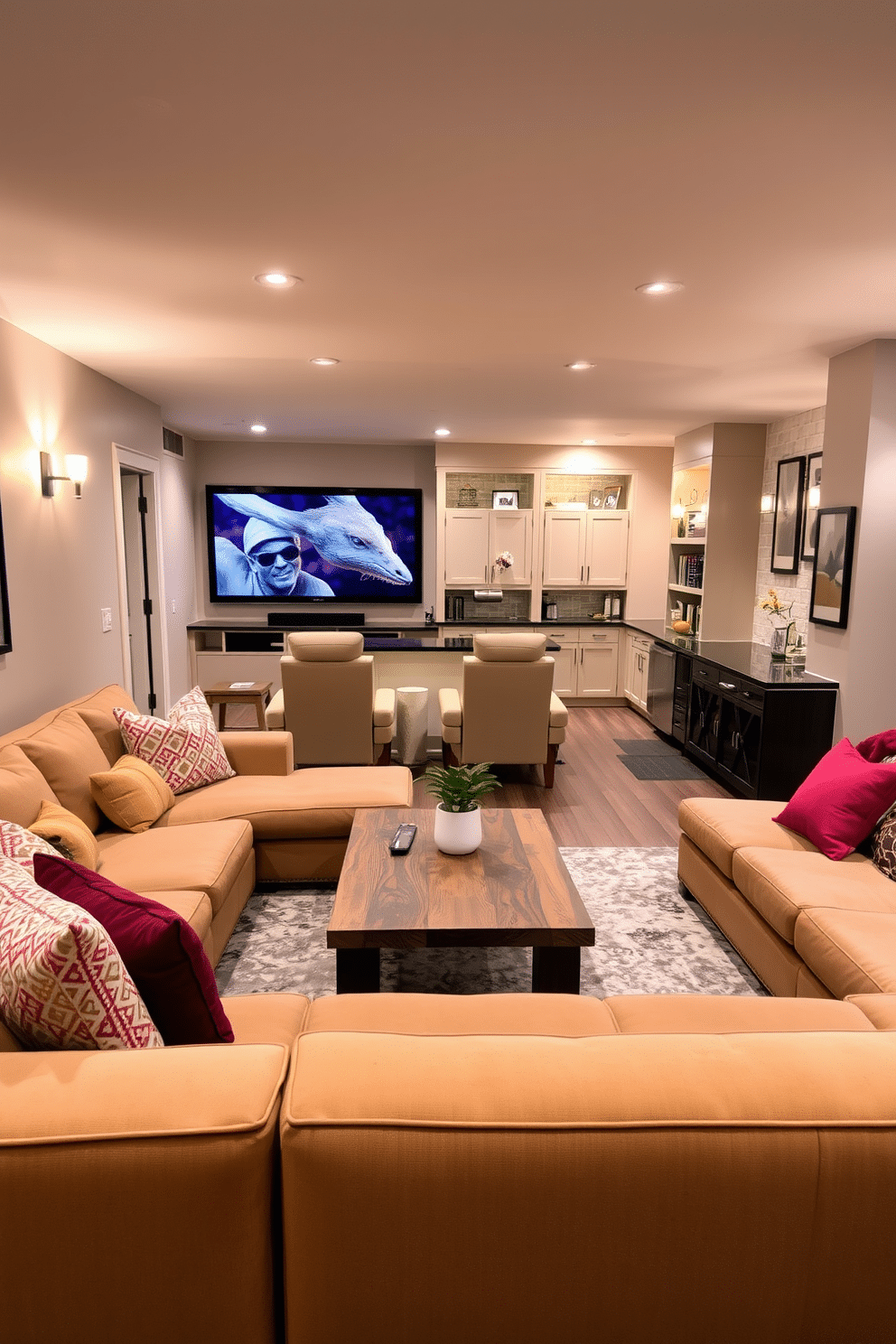 Inviting lounge area with soft lighting. The space features a plush sectional sofa in a warm beige hue, accented by vibrant throw pillows. A stylish coffee table made of reclaimed wood sits at the center, surrounded by a cozy area rug. Wall sconces with dimmable bulbs provide a warm glow, enhancing the relaxed atmosphere. Finished basement design ideas. The area includes a home theater setup with a large screen and comfortable recliners for an immersive viewing experience. A wet bar with sleek cabinetry and modern appliances adds functionality, while decorative shelving displays curated books and art pieces.