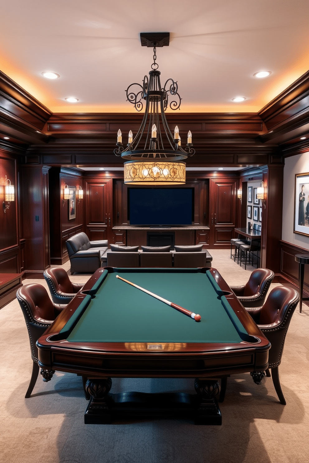 Sophisticated billiards room featuring rich mahogany paneling and a custom-built billiards table at the center. Surrounding the table are plush leather chairs in deep burgundy, complemented by a vintage chandelier hanging from the ceiling. Finished basement designed as a cozy entertainment space with soft ambient lighting and a large sectional sofa facing a sleek home theater setup. The walls are adorned with framed artwork, and a wet bar with stylish stools adds a touch of luxury to the room.