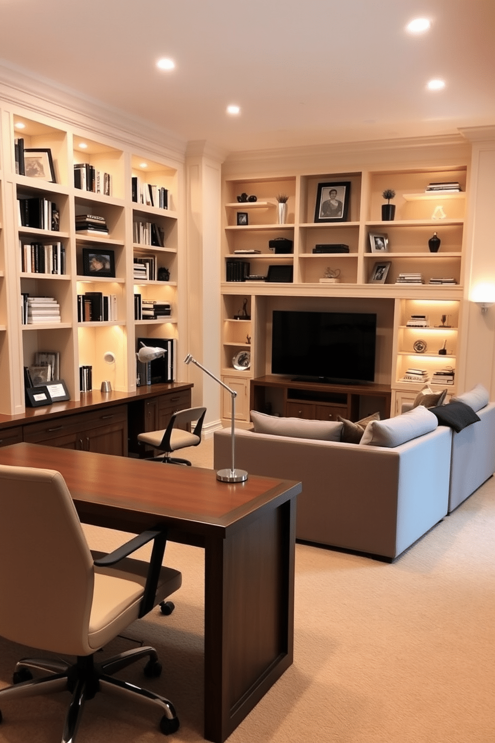 A stylish home office features built-in shelves that stretch from floor to ceiling, filled with books and decorative items. A large wooden desk sits in the center, complemented by a comfortable ergonomic chair and a sleek desk lamp. The finished basement is designed as a cozy entertainment space, with a plush sectional sofa facing a modern media console. Warm ambient lighting highlights the bar area, complete with stylish stools and a small fridge for refreshments.