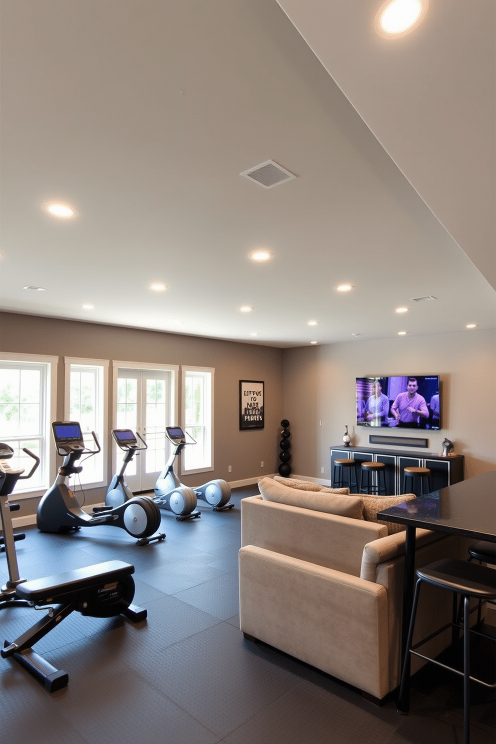 A modern gym featuring rubber flooring, equipped with state-of-the-art exercise machines and free weights. Large windows allow natural light to flood the space, while motivational wall art adds an inspiring touch. A finished basement designed as a cozy entertainment area, complete with a plush sectional sofa and a large flat-screen TV. The walls are painted in a warm gray, and recessed lighting creates an inviting atmosphere, complemented by a stylish bar area with high stools.