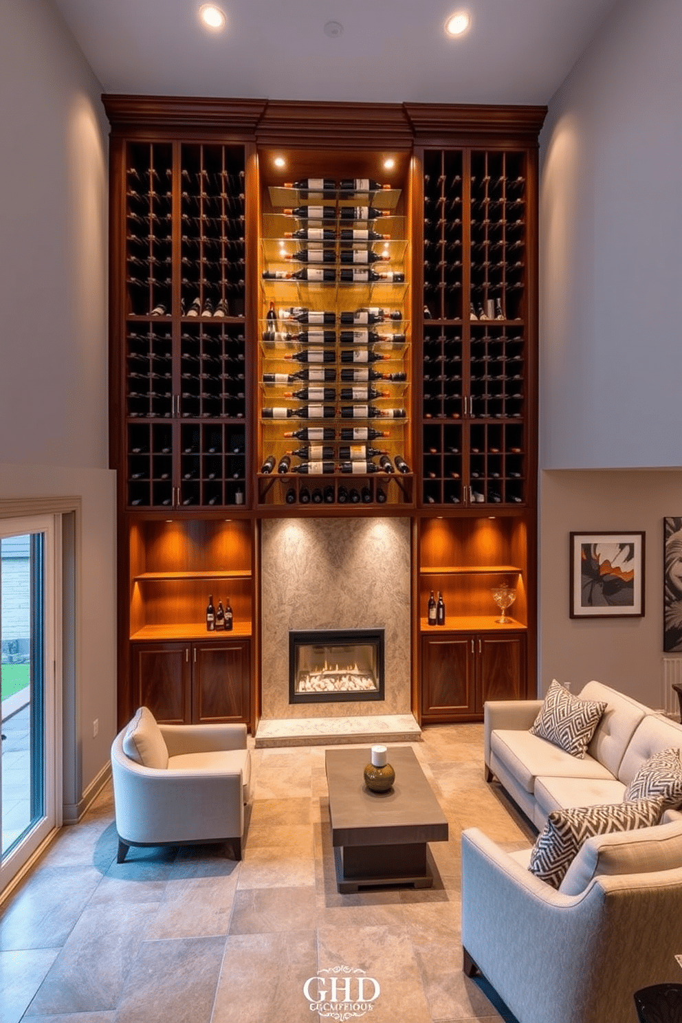 An elegant wine cellar featuring custom wooden racks that showcase a curated selection of fine wines. Soft ambient lighting highlights the rich mahogany tones of the cabinetry, while a polished stone floor adds a touch of sophistication. The finished basement design includes a cozy lounge area with plush seating and a modern fireplace as the focal point. Large windows provide natural light, and the walls are adorned with tasteful artwork, creating a warm and inviting atmosphere.