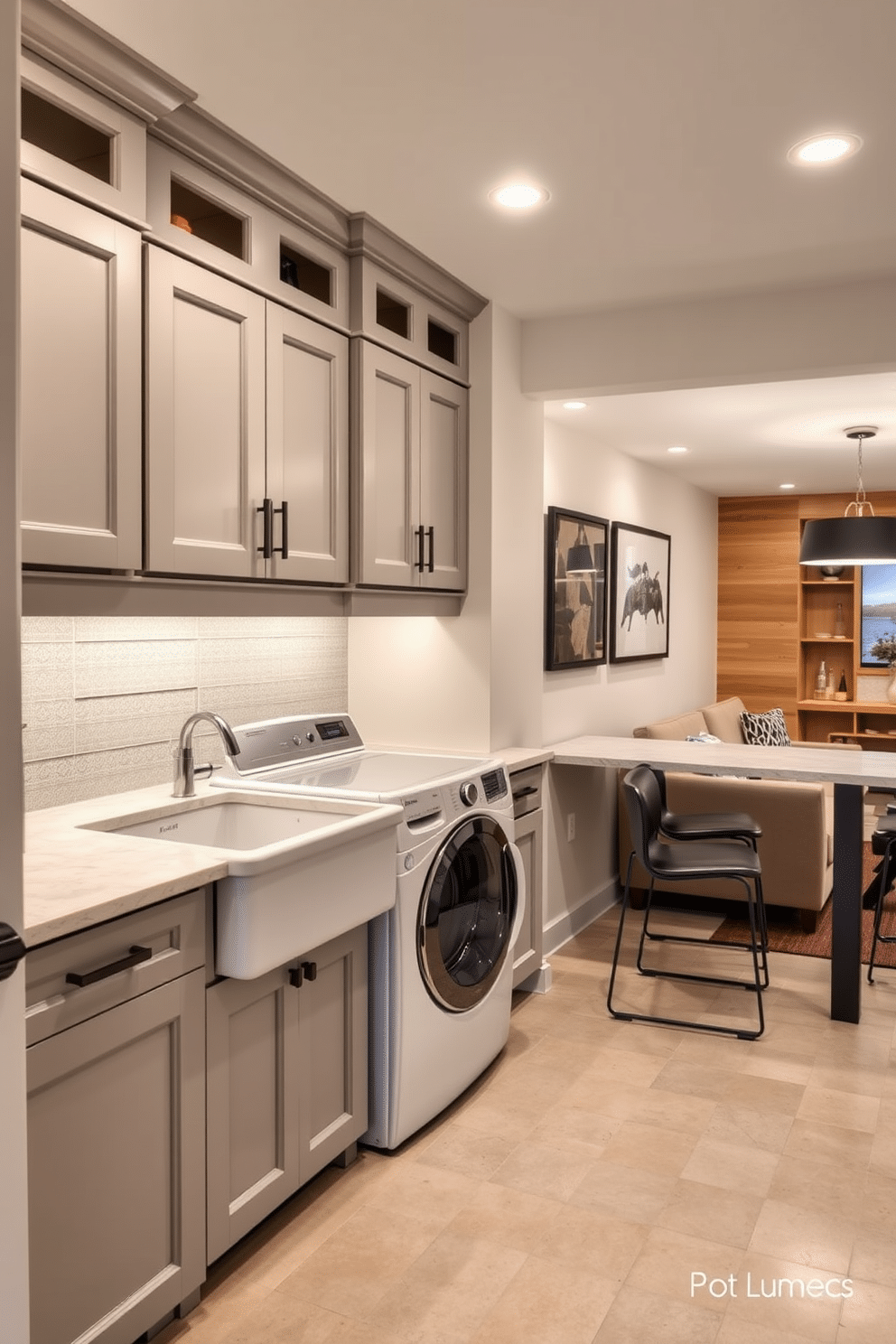 Functional laundry room with ample storage. The space features custom cabinetry in a soft gray finish, with open shelving above for easy access to detergents and supplies. A large, farmhouse-style sink is positioned next to a stacked washer and dryer, providing a convenient area for sorting and folding clothes. The floor is tiled in a durable, water-resistant material, and a cheerful backsplash adds a pop of color to the room. Finished basement design ideas. The layout includes a cozy lounge area with a sectional sofa and a sleek coffee table, perfect for entertaining guests. A wet bar with stylish bar stools is adjacent, featuring a quartz countertop and modern cabinetry. Soft lighting and warm wood accents create an inviting atmosphere, while a game area with a pool table adds a fun element to the space.