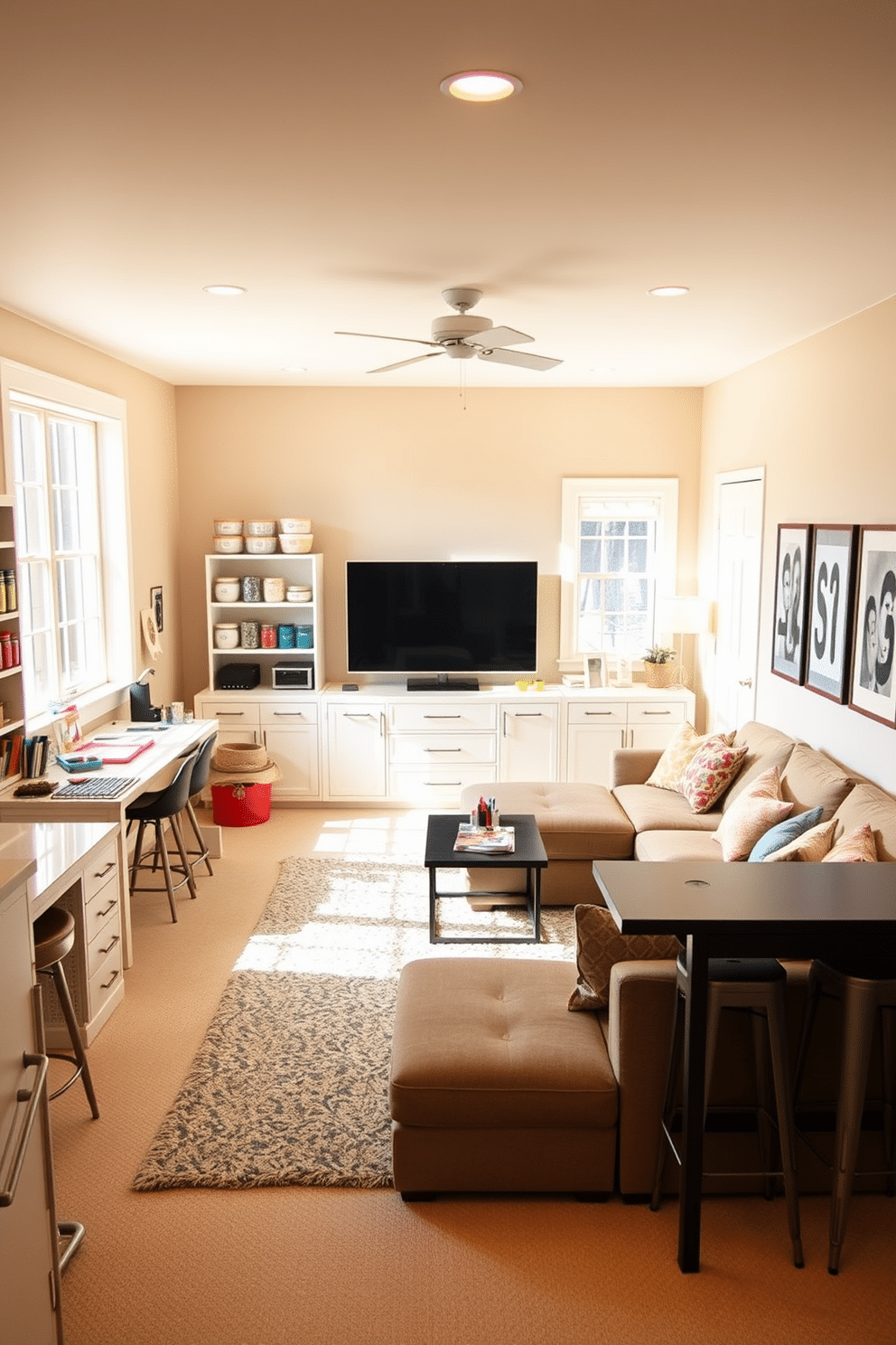 A creative craft room filled with natural light. Large windows let in plenty of sunshine, illuminating a spacious table covered with colorful supplies and tools. The walls are painted in a soft pastel hue, adorned with shelves holding neatly organized jars and boxes. A cozy reading nook with a plush chair and a small bookshelf adds a touch of comfort to the vibrant space. For the finished basement design, envision an inviting entertainment area. The space features a large sectional sofa facing a sleek media console, with a mounted flat-screen TV above. Soft, ambient lighting creates a warm atmosphere, while a wet bar in the corner is equipped with stylish stools. Decorative elements like framed artwork and a plush area rug add personality to the modern basement retreat.