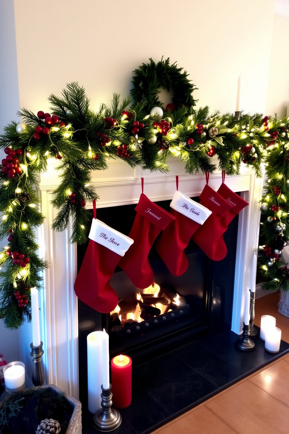 A festive garland adorned with twinkling fairy lights drapes elegantly along the mantelpiece, creating a warm and inviting atmosphere. The garland features a mix of pine branches, red berries, and pinecones, perfectly complementing the cozy holiday decor. The fireplace is beautifully decorated with stockings hung with care, each personalized and filled with small gifts. Surrounding the hearth are candles of varying heights, casting a soft glow that enhances the festive spirit of the room.