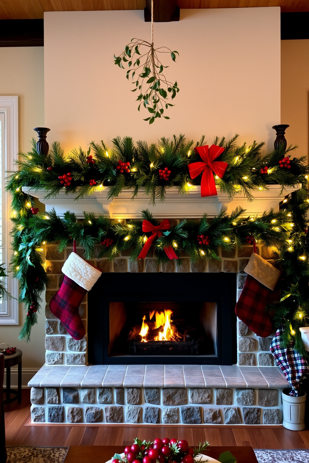 A cozy living room adorned for the holidays features a beautifully decorated fireplace as the focal point. Above the mantel, fresh mistletoe hangs gracefully, adding a touch of festive charm to the warm, inviting space. The fireplace itself is surrounded by elegant Christmas decorations, including stockings in rich fabrics and a garland of pine and berries draped across the mantel. Soft, twinkling lights illuminate the scene, creating a magical atmosphere perfect for holiday gatherings.