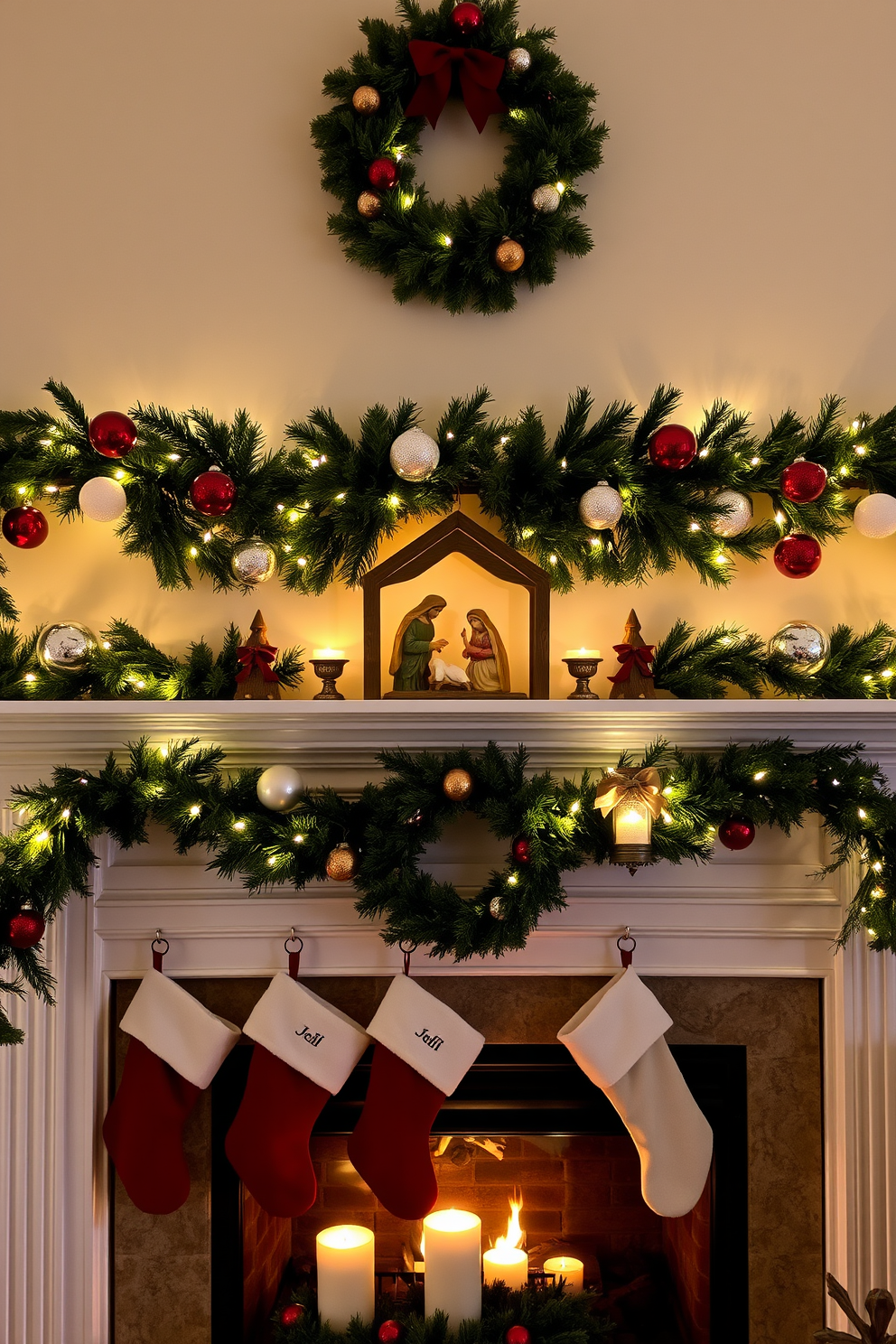 A charming nativity scene is elegantly displayed on the mantel, featuring intricately crafted figurines of the Holy Family surrounded by gentle lighting. Evergreen garlands adorned with twinkling fairy lights and festive ornaments frame the scene, enhancing the warmth of the cozy fireplace below. The fireplace is beautifully decorated for Christmas, with stockings hung with care and a lush wreath resting above. Flickering candles in decorative holders add a soft glow, creating a welcoming atmosphere perfect for holiday gatherings.