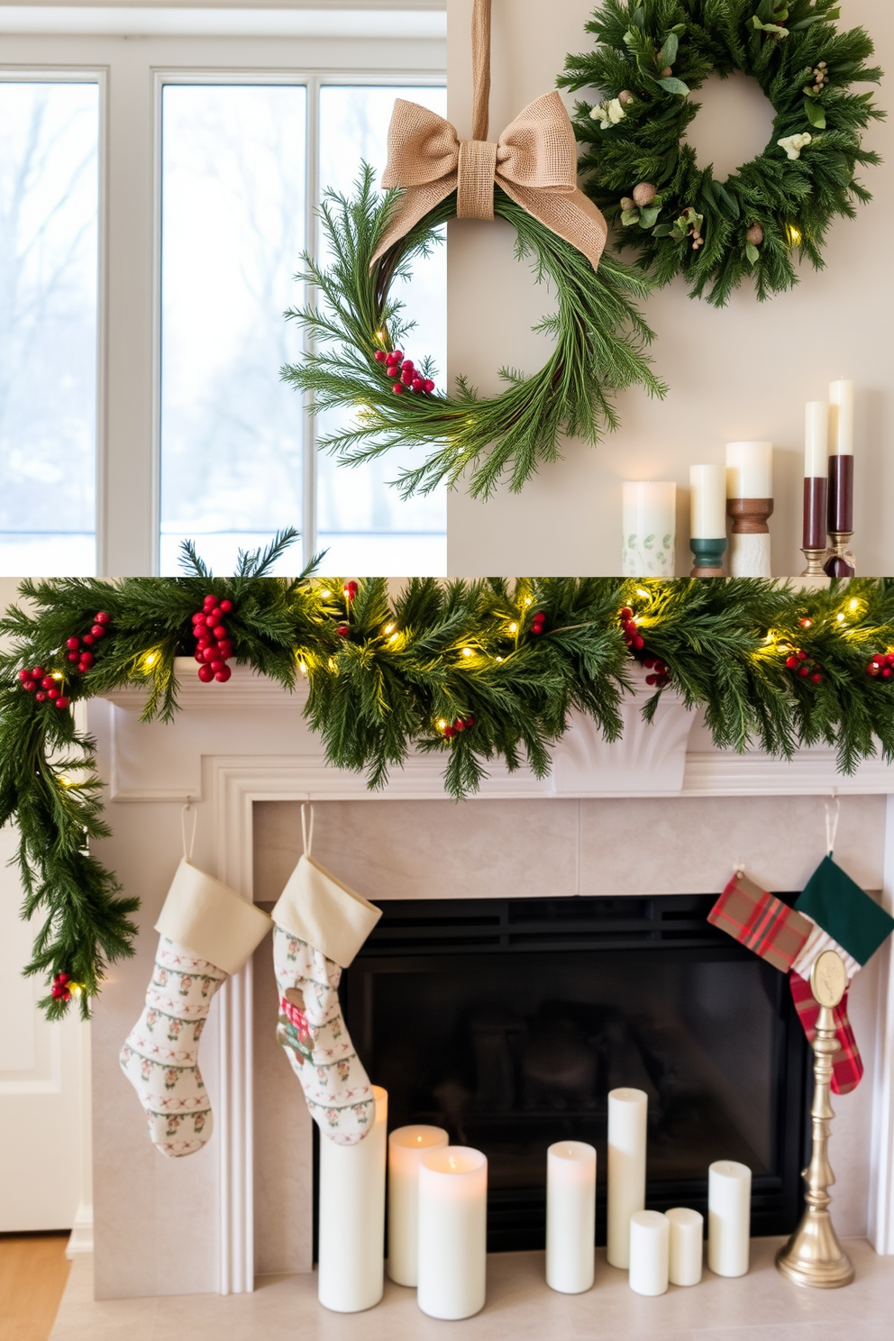 A DIY wreath made of pine branches hangs gracefully on the front door, adorned with delicate red berries and a rustic burlap bow. The wreath's natural texture complements the winter landscape outside, inviting warmth and holiday spirit into the home. The fireplace is elegantly decorated for Christmas, featuring a garland of evergreen boughs intertwined with twinkling fairy lights. Stockings in festive patterns are hung with care, and a collection of candles in varying heights adds a cozy glow to the mantel, creating a stunning focal point for the living room.