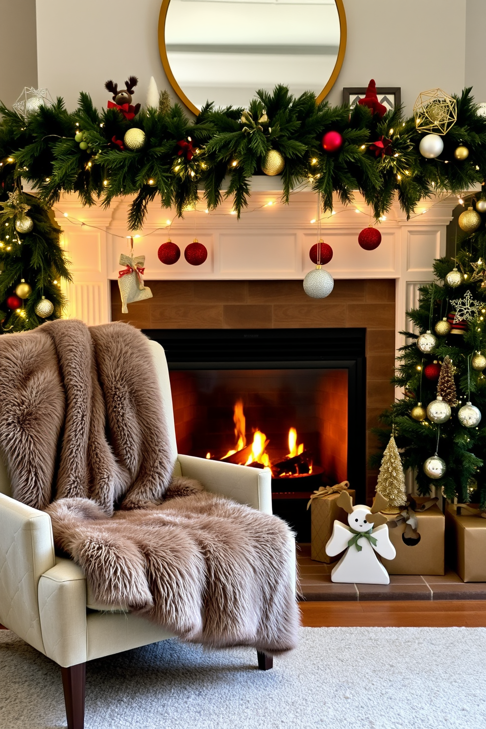 A cozy living room adorned with a plush faux fur throw blanket draped over a stylish armchair, inviting warmth and comfort. The fireplace, elegantly decorated for Christmas, features garlands of fresh greenery, twinkling fairy lights, and an array of festive ornaments that create a cheerful holiday atmosphere.