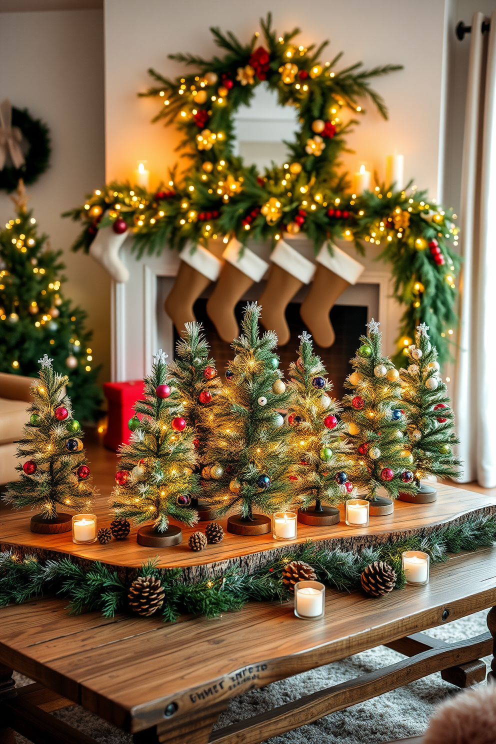 A cozy living room adorned with clusters of miniature Christmas trees, each decorated with twinkling lights and colorful ornaments. The trees are arranged on a rustic wooden table, surrounded by festive garlands and pinecones, creating a warm holiday atmosphere. A beautifully decorated fireplace serves as the focal point of the room, draped with stockings and surrounded by flickering candles. The mantel is adorned with evergreen branches and twinkling fairy lights, enhancing the festive spirit and inviting warmth.