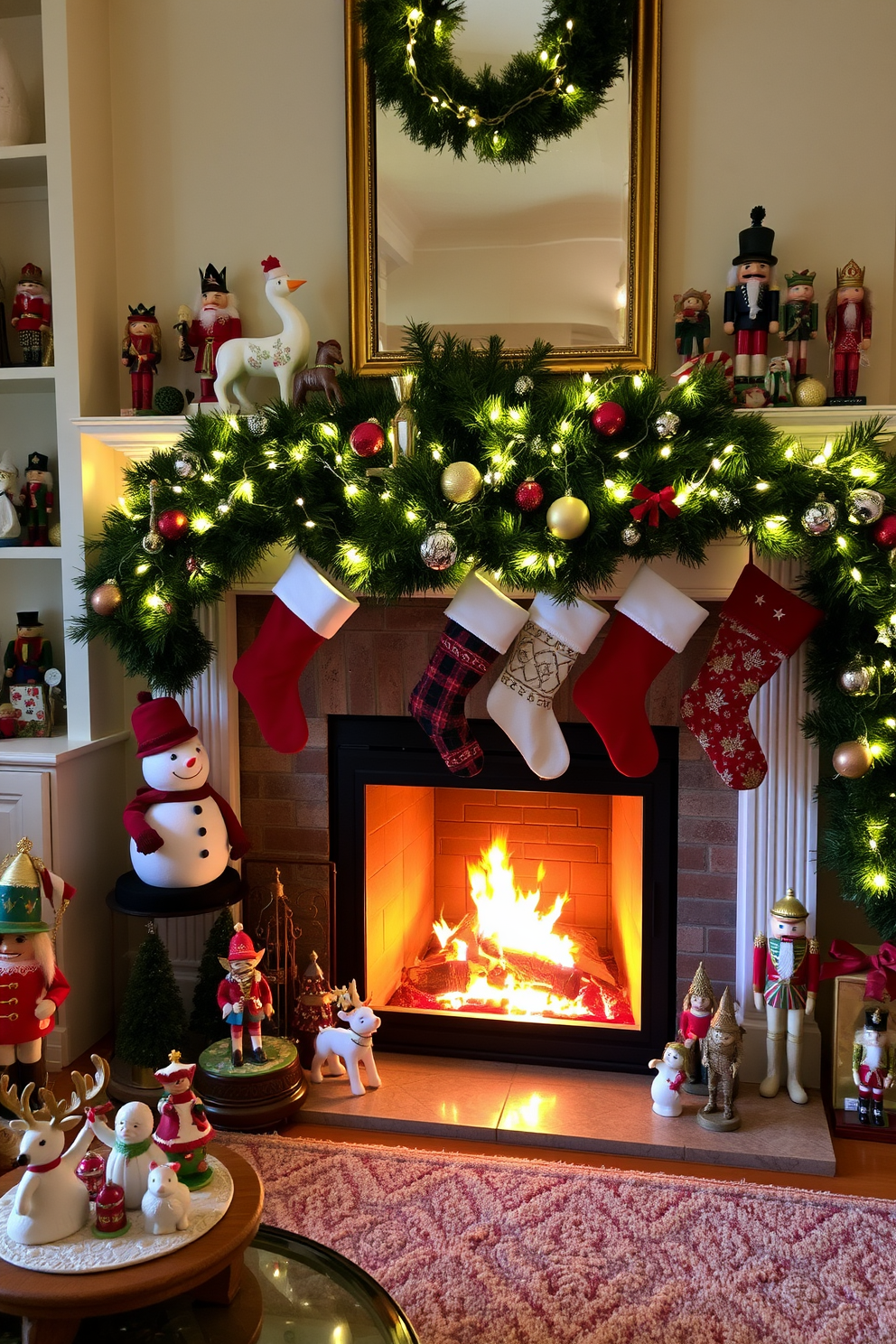 A cozy living room adorned with whimsical holiday figurines and statues scattered throughout the space. A cheerful snowman and a playful reindeer sit on the mantel, while a collection of colorful nutcrackers lines the shelves. The fireplace is elegantly decorated for Christmas, featuring a lush garland intertwined with twinkling fairy lights. Stockings of various designs hang from the mantel, and a warm glow emanates from the crackling fire, creating a festive atmosphere.