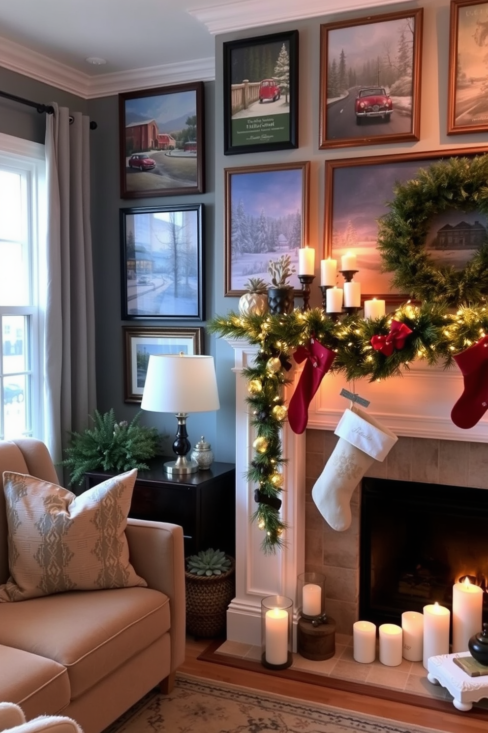 A cozy living room adorned with seasonal artwork and framed prints that reflect the warmth of the holidays. The walls are decorated with vibrant, festive pieces featuring winter landscapes and cheerful holiday scenes, creating an inviting atmosphere. A beautifully styled fireplace, adorned with Christmas decorations that enhance the seasonal spirit. Stockings hang from the mantel, and elegant garlands of greenery drape across the top, complemented by twinkling fairy lights and a collection of festive candles.