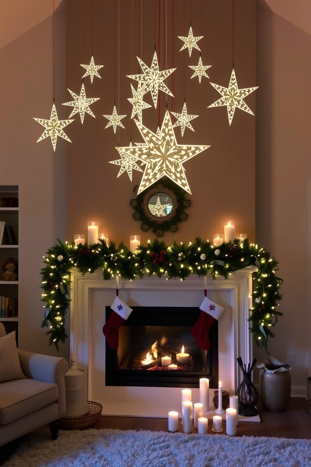 A cozy living room adorned with twinkling LED stars suspended above a modern fireplace. The fireplace is elegantly decorated with festive garlands, stockings, and warm candles, creating a magical holiday atmosphere.