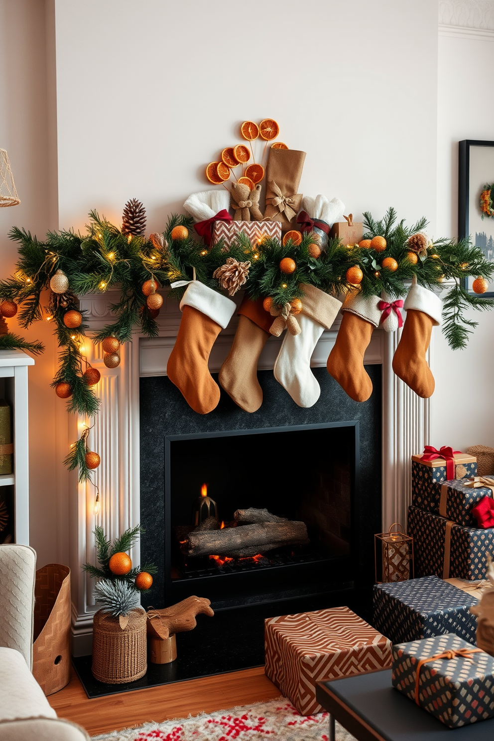 A cozy living room adorned with festive decorations for the holiday season. The fireplace is elegantly decorated with garlands of pine and twinkling fairy lights, while hanging dried orange slices add a warm, inviting fragrance to the air. Above the mantel, a collection of stockings in various textures and colors are artfully arranged. A beautifully wrapped stack of presents sits beside the fireplace, completing the cheerful Christmas ambiance.