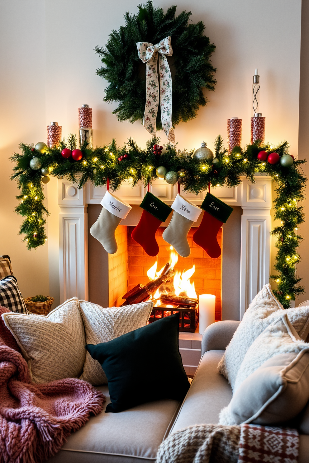 A cozy living room adorned for the holidays. A beautifully decorated fireplace serves as the centerpiece, with stockings hung from the mantel, each personalized with names, adding a warm touch to the festive atmosphere. The mantel is adorned with garlands of pine and twinkling fairy lights, creating a magical glow. Plush throws and festive cushions are arranged on the sofa, inviting family and friends to gather and enjoy the holiday spirit.