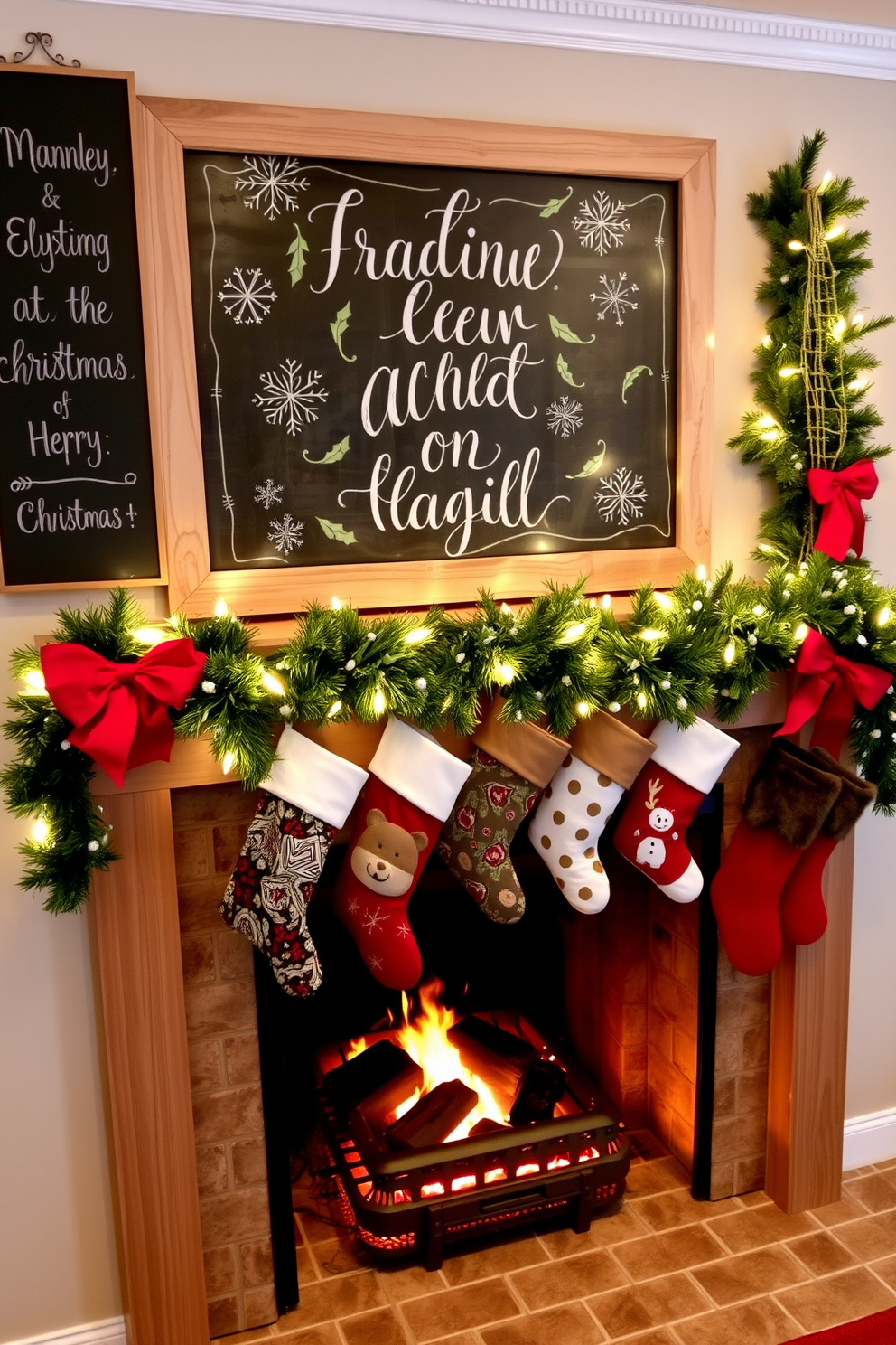 A charming chalkboard sign adorned with festive greetings. The sign features hand-drawn snowflakes and holly, set against a rustic wooden frame. A cozy fireplace decorated for Christmas, draped with garlands of evergreen and twinkling fairy lights. Stockings hang from the mantel, each uniquely designed, while a warm glow emanates from the crackling fire.