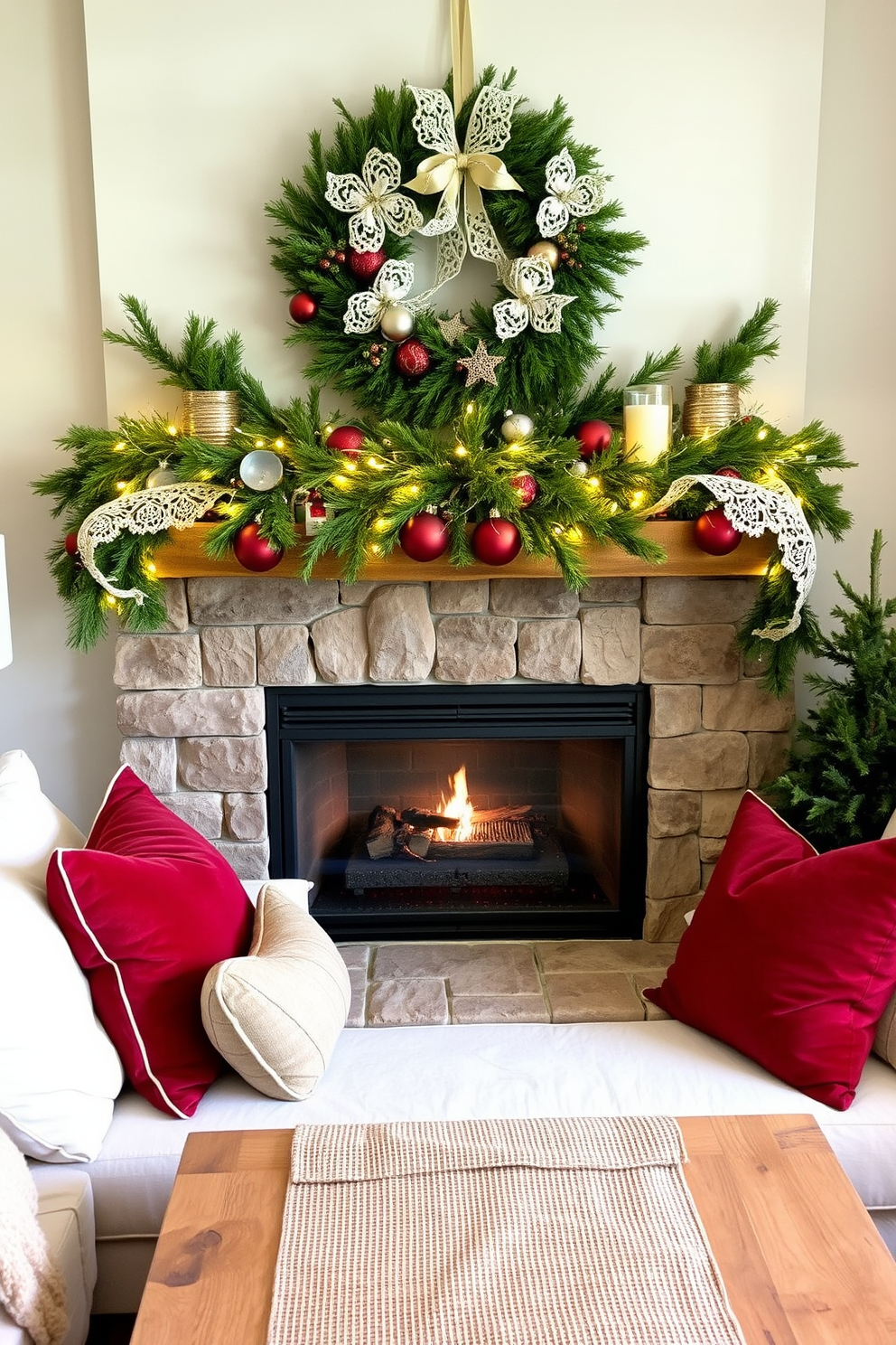 A cozy living room adorned for Christmas, featuring a rustic fireplace framed by layered textures of burlap and lace. The mantle is decorated with evergreen garlands, twinkling fairy lights, and a collection of handcrafted ornaments, creating a warm and inviting atmosphere. Plush throw pillows in rich reds and greens are scattered across a soft, cream-colored sofa, while a woven burlap runner drapes elegantly over a reclaimed wood coffee table. A large, festive wreath with lace accents hangs above the fireplace, completing the charming holiday decor.