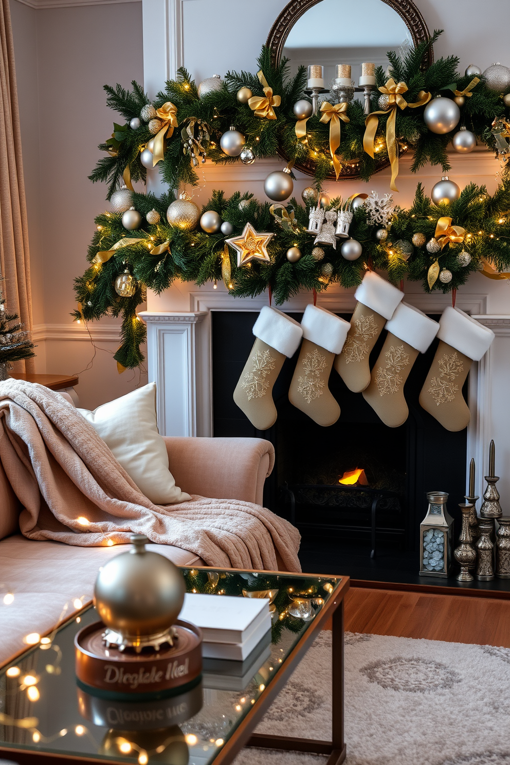 A cozy living room adorned with gold and silver accents, featuring a plush sofa draped with a luxurious throw blanket. The coffee table is topped with elegant metallic decor, and twinkling fairy lights are woven around the mantelpiece. The fireplace is beautifully decorated for Christmas, with a lush garland of pine and holly intertwined with golden ribbons and silver ornaments. Stockings hang from the mantel, each embellished with intricate designs, creating a warm and festive atmosphere.