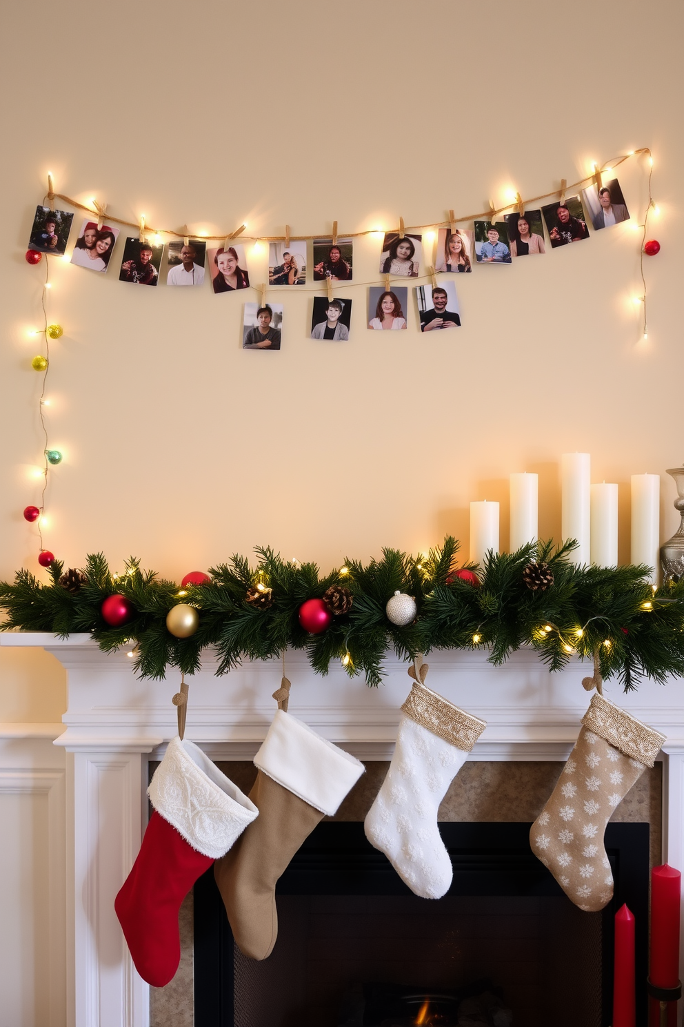 A personalized photo garland of family memories hangs gracefully across the wall, adorned with twinkling fairy lights that add a warm glow. Each photo is clipped to a rustic jute string, surrounded by festive greenery and small ornaments that evoke a sense of nostalgia and joy. The fireplace is elegantly decorated for Christmas, featuring a lush garland draped along the mantel adorned with sparkling lights and colorful baubles. Stockings in a variety of textures and patterns hang from the mantel, while a cozy arrangement of candles and pinecones completes the festive atmosphere.