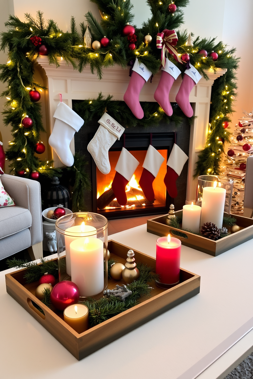 A cozy living room setting adorned with decorative trays featuring seasonal candles in various shapes and sizes. The warm glow from the candles casts a soft light, enhancing the festive atmosphere created by a beautifully decorated fireplace. The fireplace is draped with garlands of evergreen, accented by red and gold ornaments. Stockings hang from the mantel, while twinkling fairy lights add a magical touch to the overall Christmas decor.