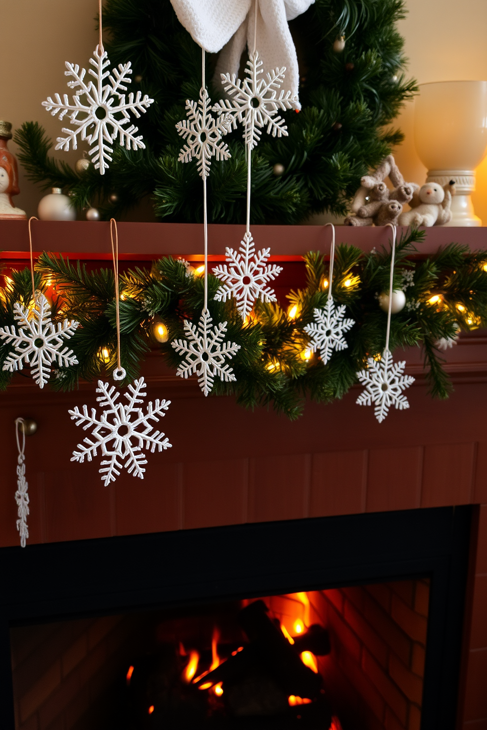 A cozy fireplace adorned with snowflake ornaments hanging gracefully from the mantel. The warm glow of the fire complements the festive decorations, creating a welcoming holiday atmosphere.