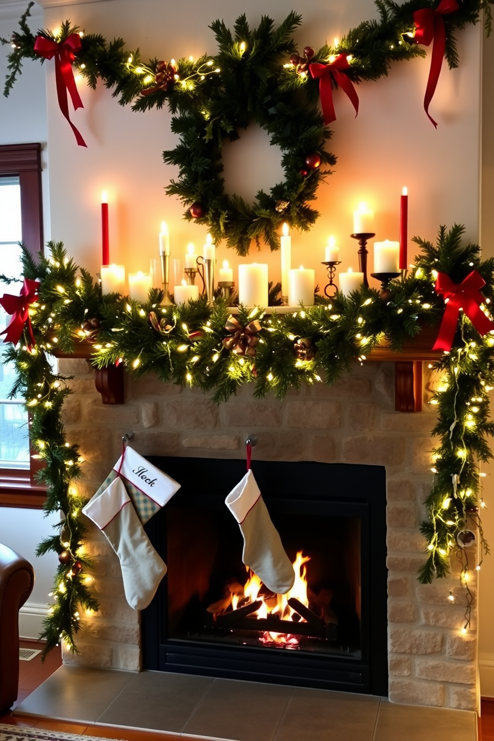 A cozy living room adorned with festive decorations, featuring a rustic fireplace as the centerpiece. On the mantel, an array of scented candles in varying heights emit a warm glow, filling the room with a delightful holiday aroma. Surrounding the fireplace, garlands of evergreen branches are intertwined with twinkling fairy lights and red ribbon. Stockings hang from the mantel, each personalized, adding a touch of charm to the Christmas decor.