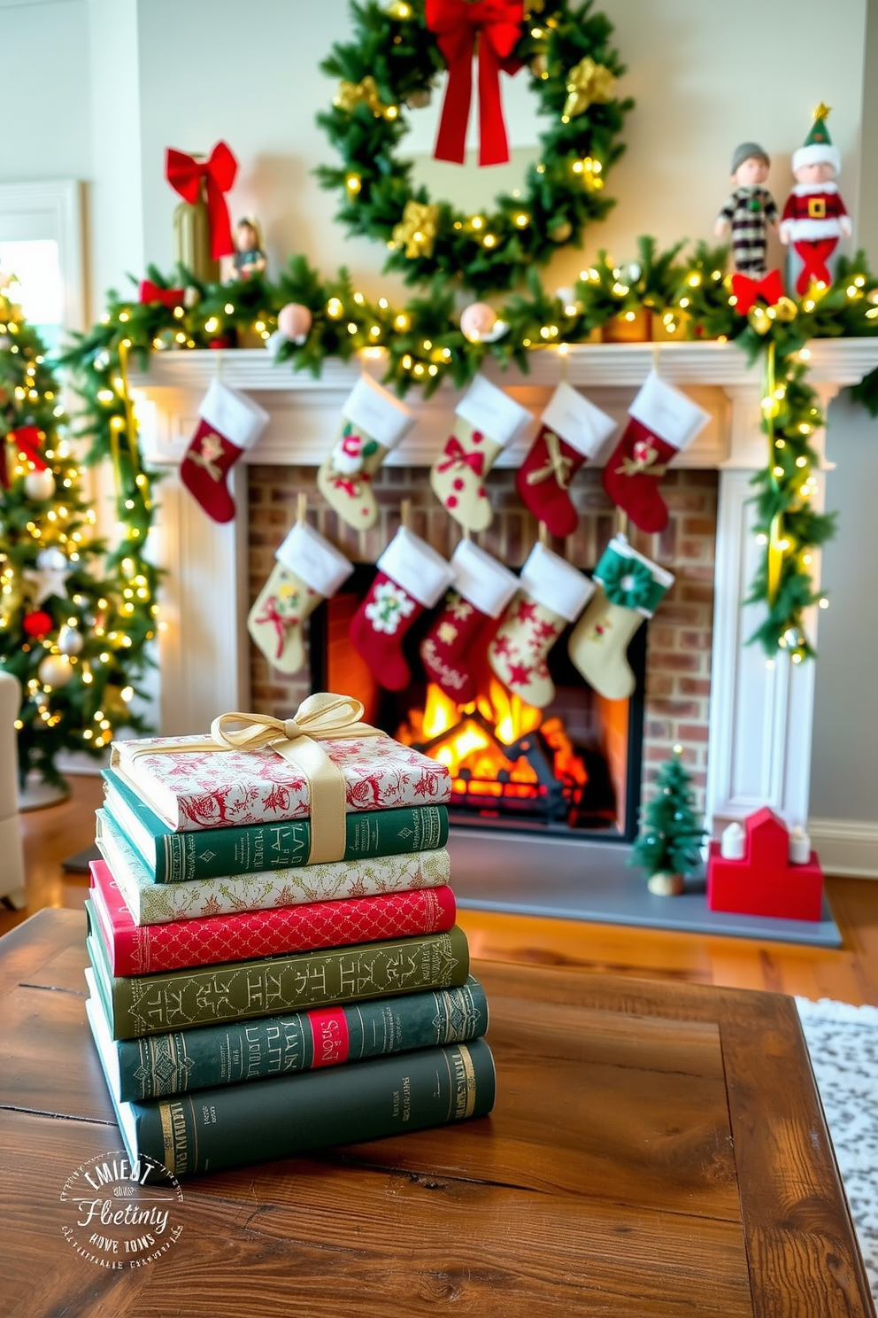 A cozy holiday living room featuring a stack of beautifully wrapped holiday-themed books arranged decoratively on a rustic wooden coffee table. The fireplace is adorned with festive garlands, twinkling lights, and an assortment of colorful stockings hanging from the mantle, creating a warm and inviting atmosphere.