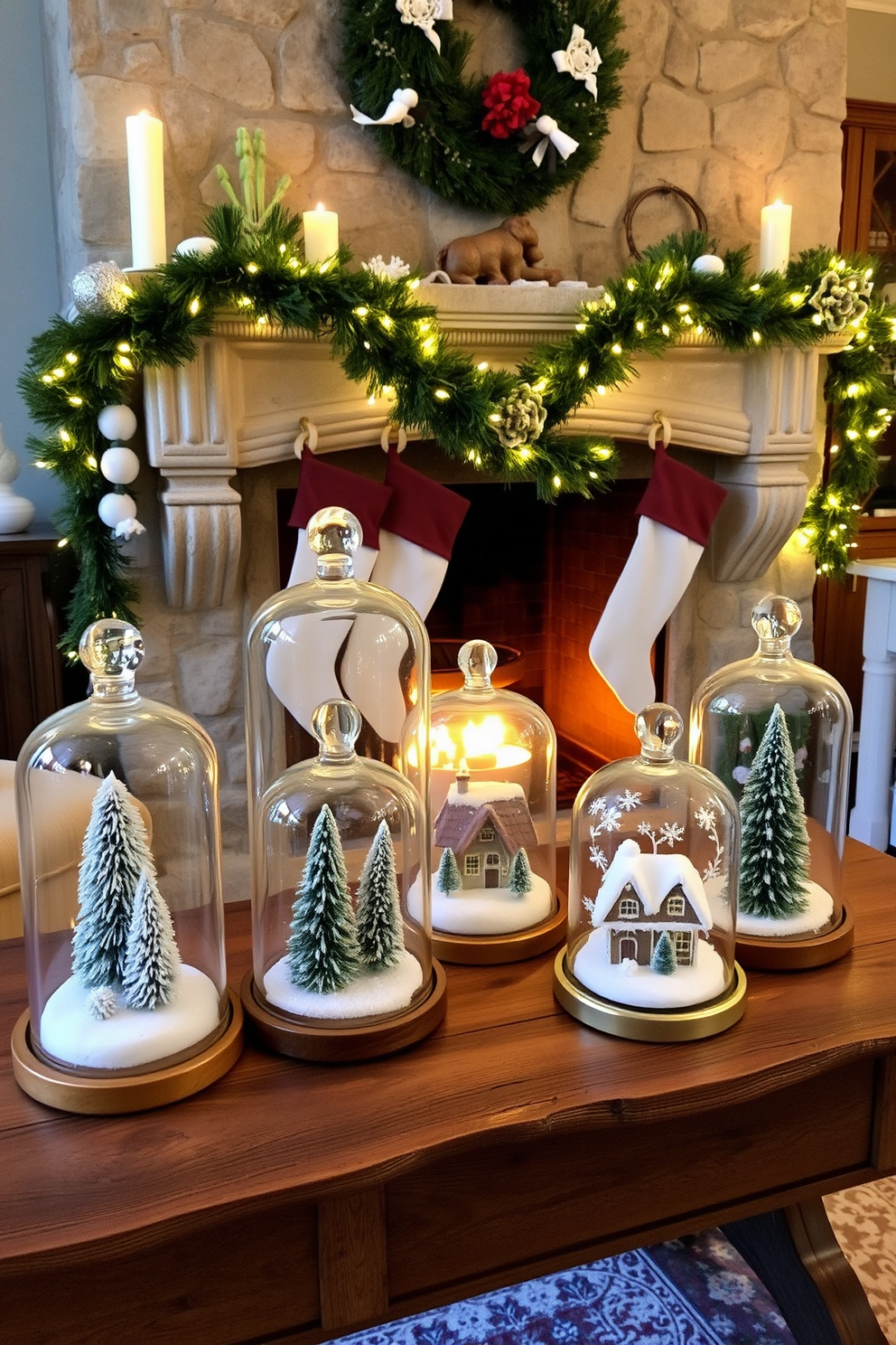 A collection of elegant glass cloches, each containing a beautifully crafted winter scene, is arranged on a rustic wooden table. The scenes inside feature miniature snow-covered trees, cozy cabins, and delicate snowflakes, creating a whimsical holiday atmosphere. A classic stone fireplace adorned with festive Christmas decorations sets a warm and inviting tone for the room. Stockings hang from the mantel, while garlands of greenery and twinkling fairy lights drape elegantly, complemented by a few carefully placed candles for added warmth.