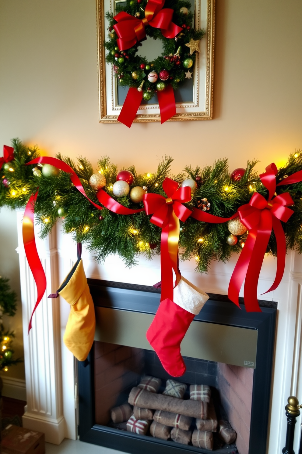 A cozy living room adorned for the holidays features a beautifully decorated fireplace. Brightly colored ribbons in vibrant reds, greens, and golds are elegantly wrapped around a lush garland, draping over the mantel. The garland is accented with twinkling fairy lights and an assortment of festive ornaments. Stockings in coordinating colors hang from the mantel, adding a touch of warmth and cheer to the scene.