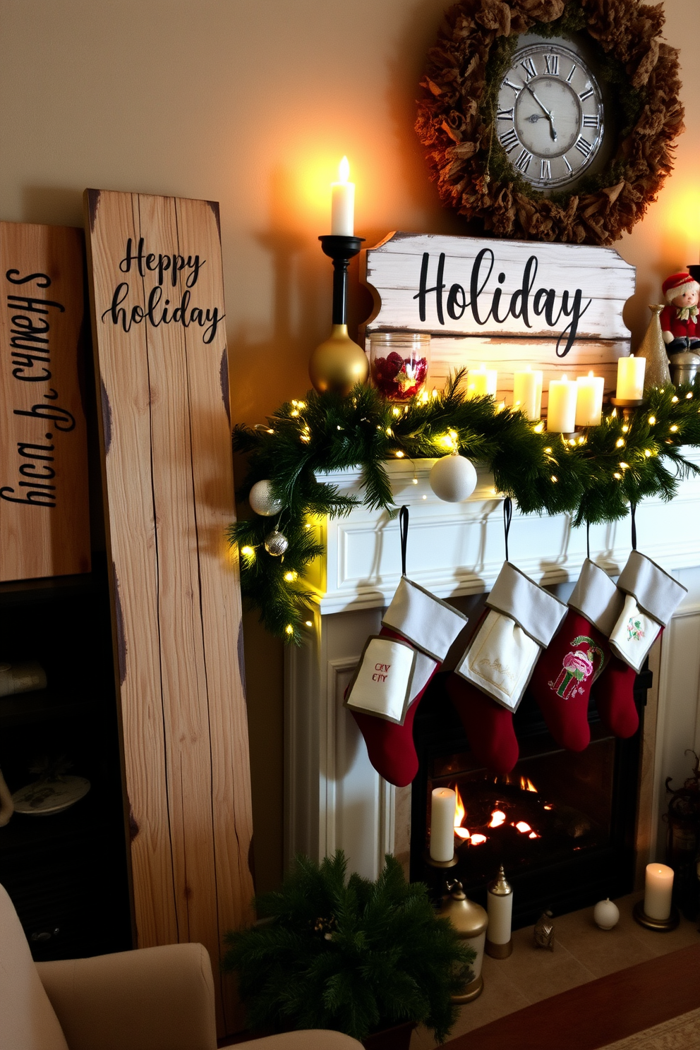 Rustic wooden signs adorned with cheerful holiday messages are strategically placed around a cozy living room. The signs feature hand-painted lettering and are complemented by warm, ambient lighting from a nearby fireplace. The fireplace is beautifully decorated for Christmas, showcasing a garland of fresh pine and twinkling fairy lights. Stockings hang from the mantel, each uniquely designed, while a collection of festive ornaments and candles add a touch of warmth and charm to the scene.