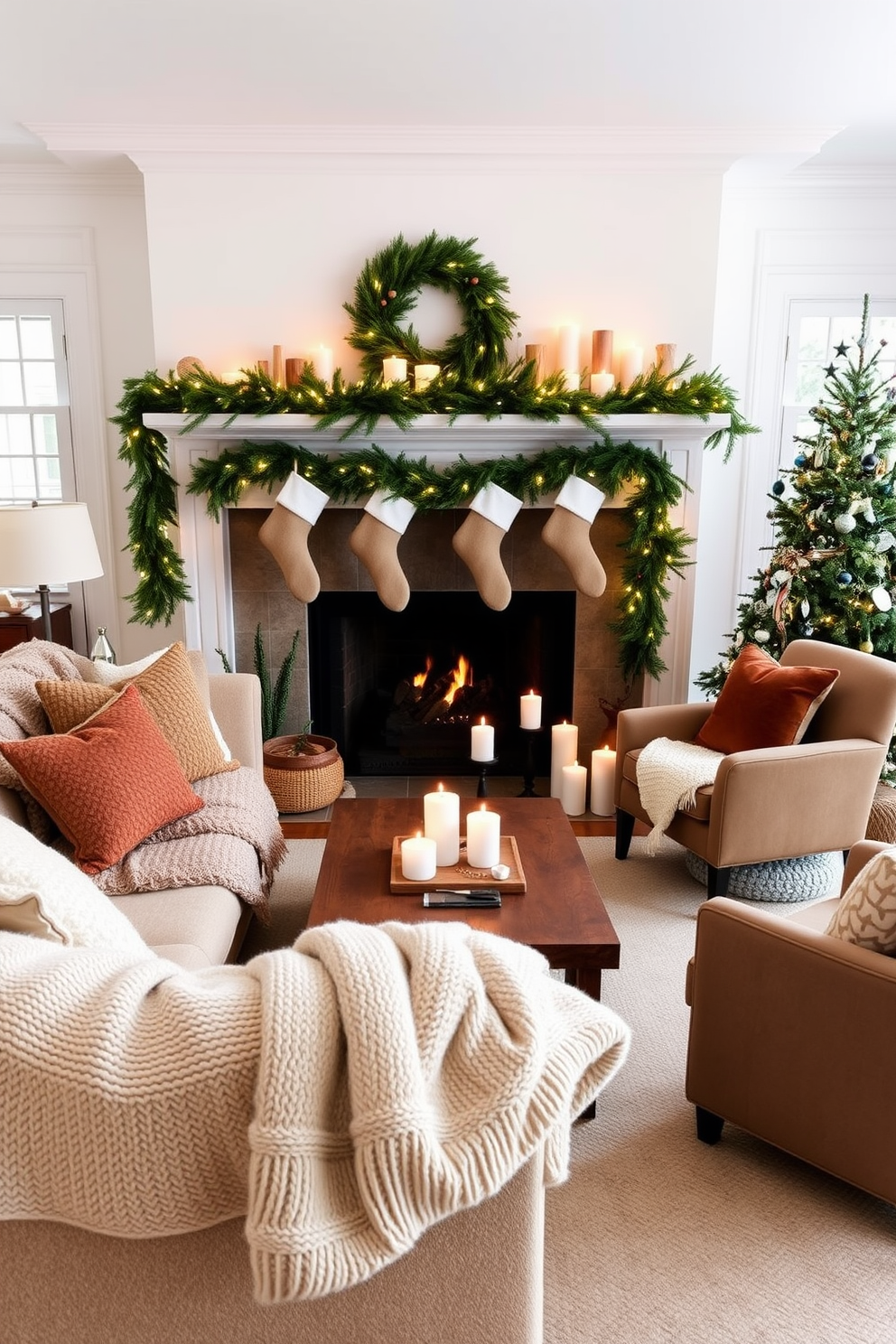 A hygge-inspired cozy seating area features a plush, oversized sofa adorned with soft, textured throw blankets and an array of decorative pillows in warm, neutral tones. A rustic wooden coffee table sits at the center, surrounded by a couple of comfortable armchairs, creating an inviting space perfect for relaxation and conversation. The fireplace is elegantly decorated for Christmas, draped with lush green garlands and twinkling fairy lights. Stockings hang from the mantel, and a collection of festive candles in varying heights adds a warm glow, enhancing the cozy atmosphere of the room.