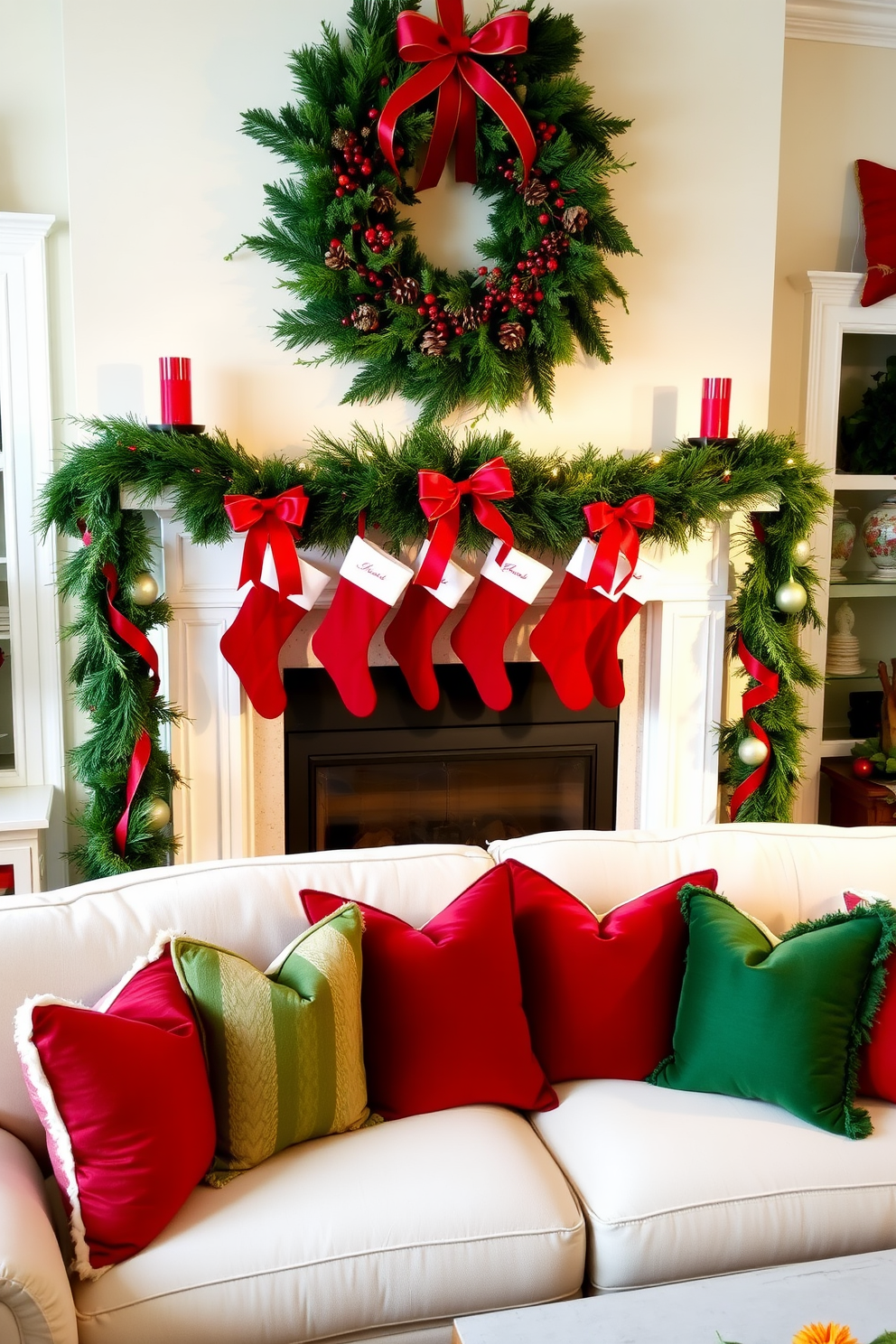 A cozy living room adorned with a classic red and green color scheme. The focal point is a beautifully decorated fireplace, surrounded by garlands of evergreen and red ribbon, with stockings hanging from the mantle. Plush red and green throw pillows are scattered across a cream-colored sofa, inviting warmth and comfort. A festive wreath adorned with berries and pinecones hangs above the fireplace, completing the holiday ambiance.