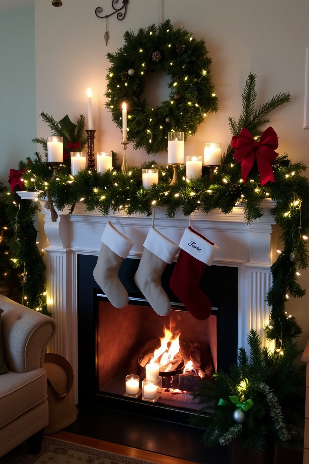 A cozy living room adorned for the holidays features a fireplace with a beautifully decorated mantel. Candles of varying heights and sizes are arranged on the mantel, casting a warm glow that complements the festive decorations. The fireplace is surrounded by lush greenery, including garlands and pine branches, interspersed with twinkling fairy lights. Stockings hang from the mantel, adding a traditional touch to the Christmas decor.