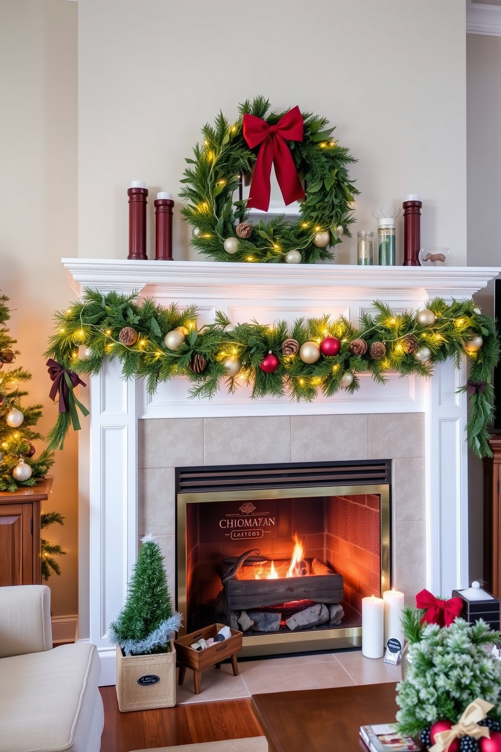 A cozy living room adorned for the Christmas season, featuring a beautifully decorated fireplace with a garland of fresh greenery intertwined with pinecones. The mantel is adorned with twinkling fairy lights and festive ornaments, creating a warm and inviting atmosphere.