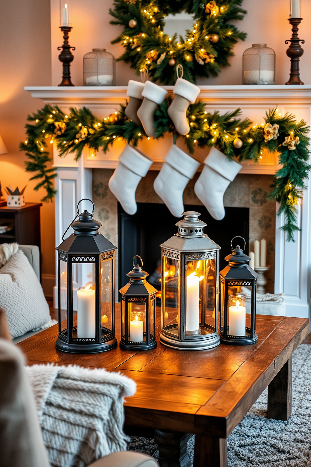 A cozy living room adorned with vintage lanterns, casting a warm glow across the space. The lanterns are placed on a rustic wooden coffee table, surrounded by plush cushions and a soft throw blanket. The fireplace is elegantly decorated for Christmas, featuring a garland of fresh pine and twinkling fairy lights. Stockings hang from the mantel, and a beautifully wrapped gift sits nearby, adding to the festive atmosphere.