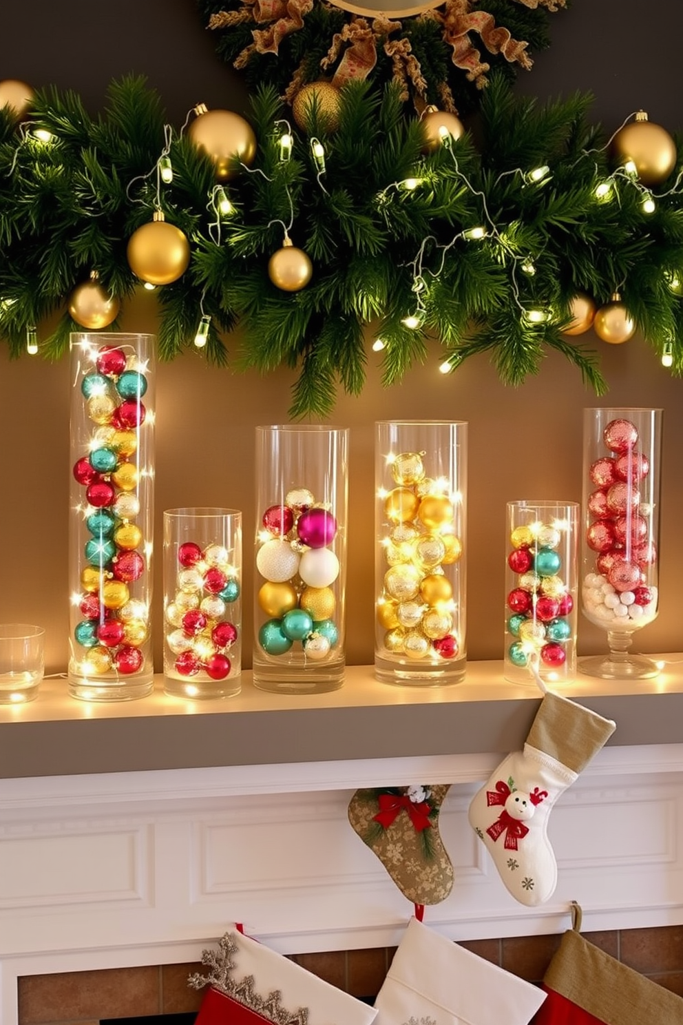 A beautifully decorated mantel features several ornament-filled glass vases of varying heights, showcasing a mix of colorful baubles and shimmering accents. The vases are artfully arranged alongside twinkling fairy lights, creating a warm and inviting atmosphere for the holiday season. Above the mantel, a garland of fresh greenery is draped, interspersed with golden ornaments and white lights. A cozy fireplace beneath is adorned with festive stockings, each uniquely designed, adding a personal touch to the Christmas decor.