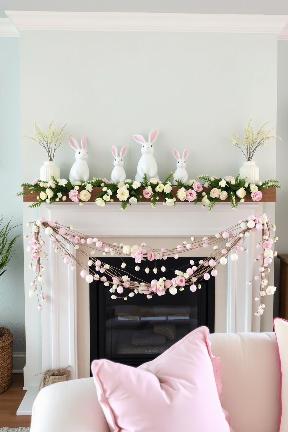 A charming Easter-themed living room features pastel bunny figurines artfully arranged on a mantel above a cozy fireplace. The mantel is adorned with fresh flowers in soft hues, creating a delightful spring atmosphere that invites warmth and joy. The fireplace itself is decorated with a pastel-colored garland, intertwined with delicate blossoms and small decorative eggs. Plush cushions in coordinating pastel shades are scattered across the seating area, enhancing the festive and inviting ambiance of the space.