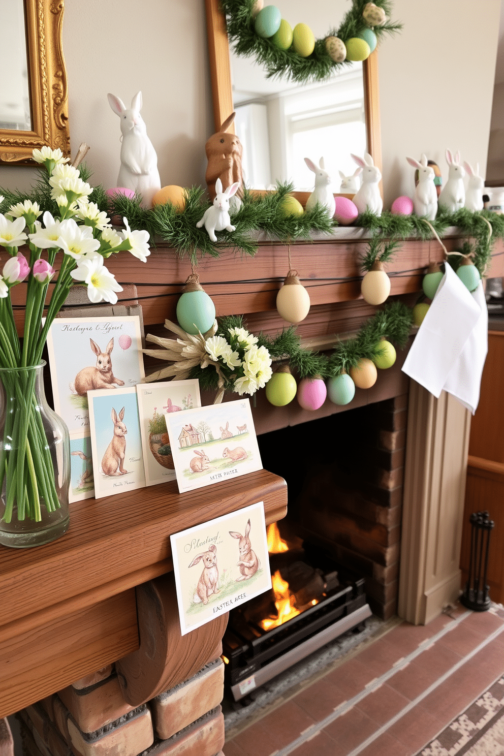 A collection of vintage Easter postcards is displayed on a rustic wooden mantel, showcasing pastel colors and charming illustrations of bunnies and eggs. The postcards are artfully arranged alongside a delicate glass vase filled with fresh spring flowers, adding a touch of nostalgia to the festive decor. Above the mantel, a cozy fireplace is adorned with Easter-themed decorations, including a garland of colorful eggs and whimsical bunny figurines. The warm glow of the fire enhances the inviting atmosphere, making it a perfect spot for family gatherings during the holiday season.