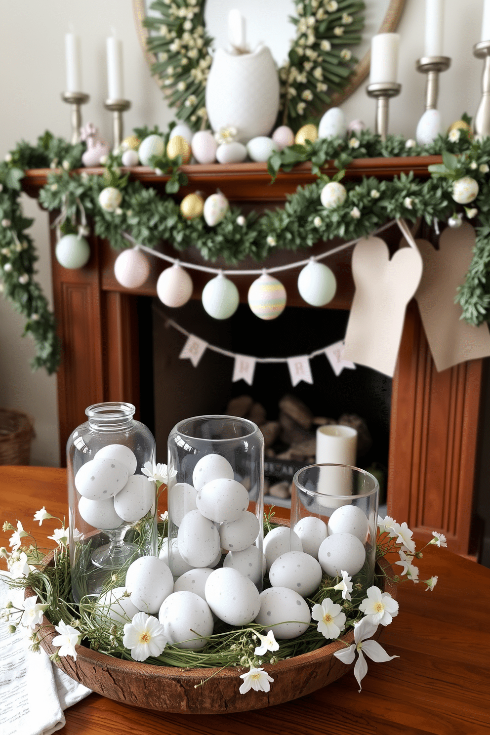 A charming Easter display featuring speckled eggs nestled in elegant glass jars of varying heights. The jars are arranged on a rustic wooden table, surrounded by soft greenery and delicate spring flowers for a fresh, seasonal touch. A cozy fireplace adorned with Easter decorations, showcasing pastel-colored garlands and whimsical ornaments. The mantle is decorated with an assortment of decorative eggs and candles, creating a warm and inviting atmosphere for the holiday.