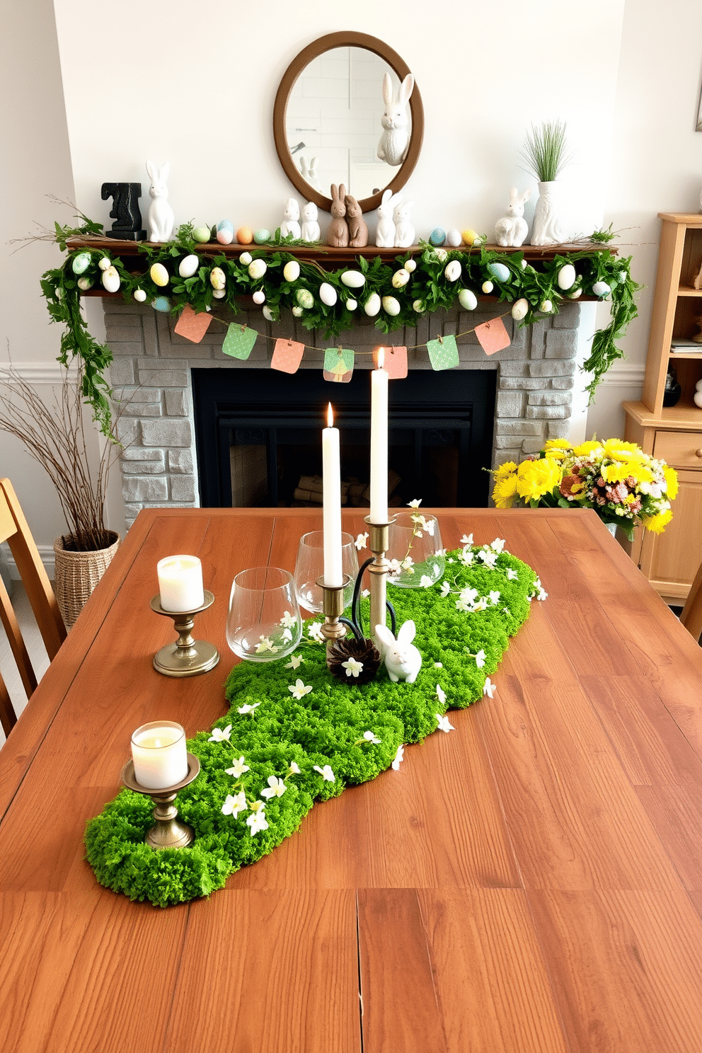 A lush green moss runner stretches elegantly across a rustic wooden dining table, adorned with delicate spring flowers in pastel shades. Soft candlelight flickers from stylish holders, creating a warm and inviting atmosphere perfect for Easter gatherings. Above the fireplace, a charming Easter-themed garland drapes gracefully, featuring colorful eggs and whimsical bunnies. The mantel is decorated with seasonal accents, including a pair of ceramic rabbits and a vibrant floral arrangement, enhancing the cozy ambiance of the room.