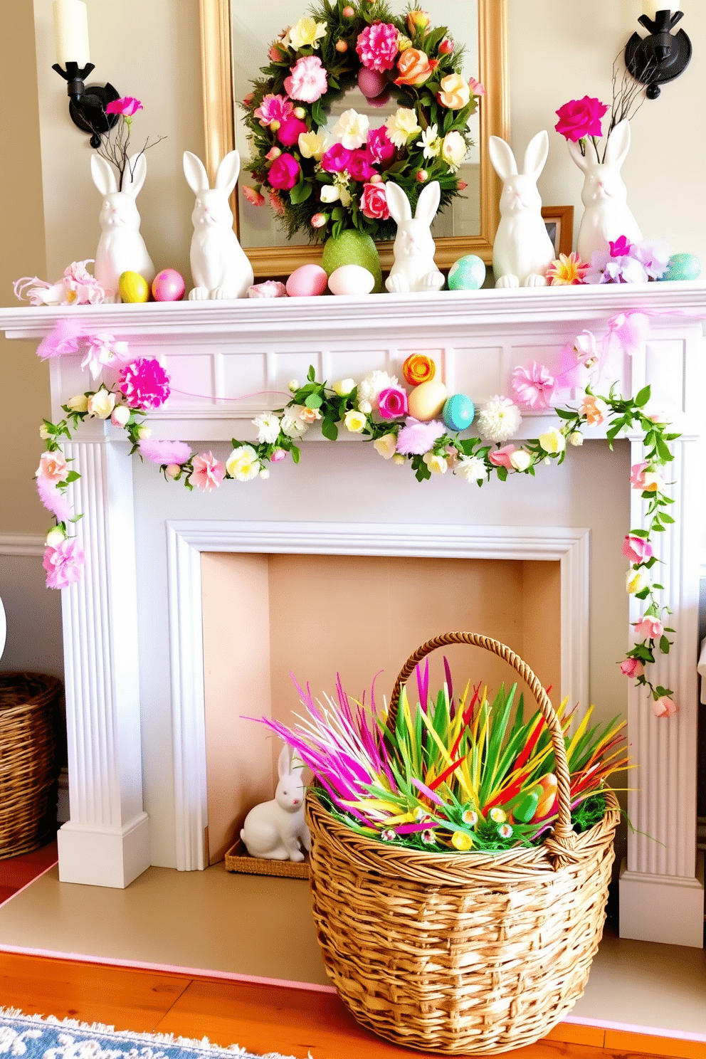 A cozy living room setting adorned for Easter. A classic fireplace with a white mantel is decorated with pastel-colored ceramic bunny statues, surrounded by spring flowers in vibrant hues. The mantelpiece features an arrangement of decorative eggs and soft, fluffy garlands. A woven basket filled with colorful faux grass sits at the base of the fireplace, adding a warm touch to the festive decor.