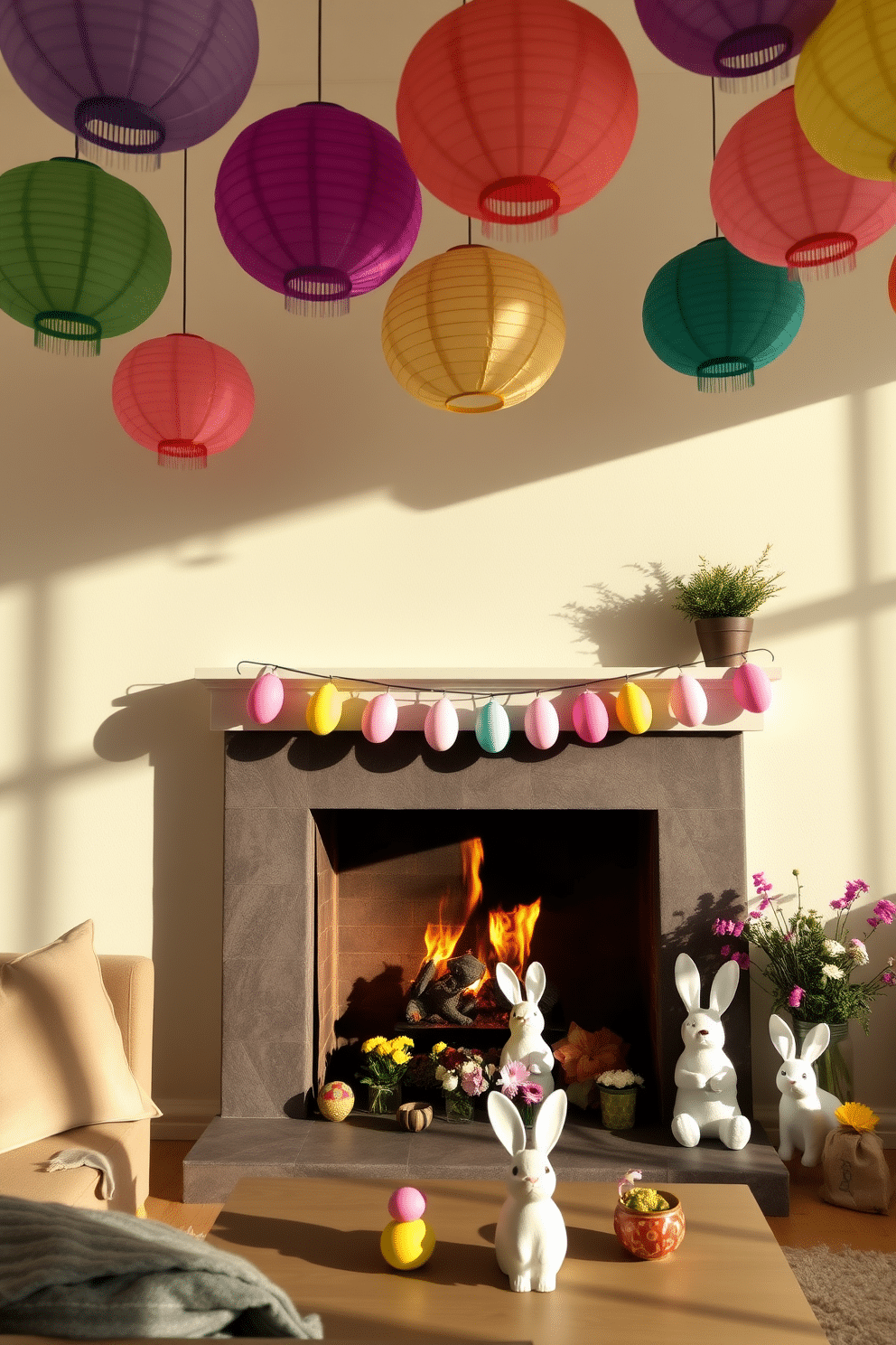 A vibrant living room adorned with colorful paper lanterns hanging from the ceiling, casting playful shadows on the walls. The space features a cozy seating area with a plush sofa and a coffee table, surrounded by cheerful decor that complements the lanterns' hues. A warm and inviting fireplace decorated for Easter, with a beautiful garland of pastel-colored eggs draped along the mantel. Flanking the fireplace are decorative bunnies and spring flowers, creating a festive and cheerful atmosphere perfect for the holiday.