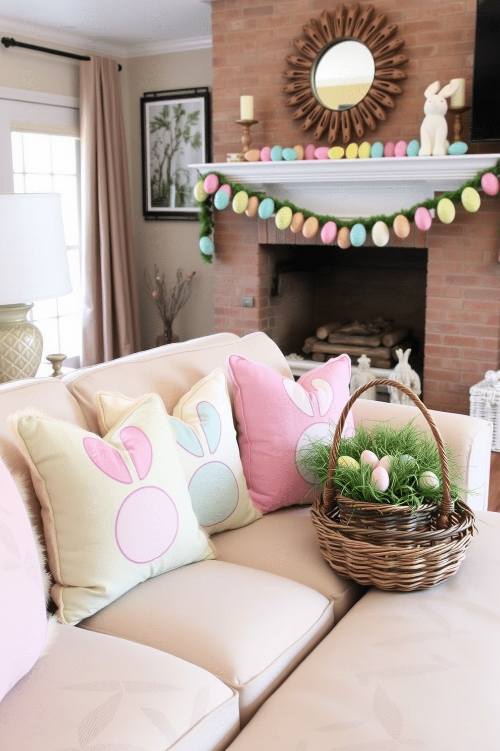 A cozy living room adorned with Easter-themed throw pillows featuring pastel colors and whimsical bunny designs. The pillows are arranged on a plush, cream-colored sofa, adding a festive touch to the space. A charming fireplace decorated for Easter, featuring a garland of colorful eggs draped across the mantel. On the hearth, a basket filled with faux grass and Easter eggs adds a playful element to the warm ambiance.