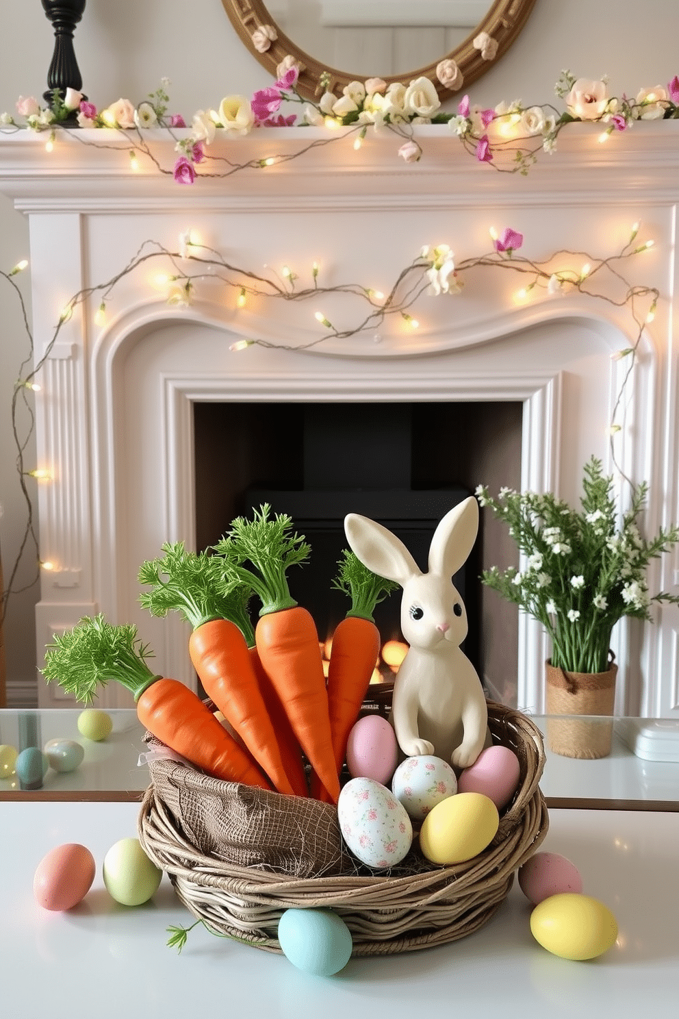 A charming Easter display featuring decorative carrot bunches arranged in a rustic basket. The vibrant orange and green hues of the carrots contrast beautifully with pastel-colored eggs scattered around the base. An elegant fireplace adorned with seasonal decorations for Easter. Delicate garlands of spring flowers and twinkling fairy lights frame the mantel, while a cheerful bunny figurine sits beside a collection of painted eggs.