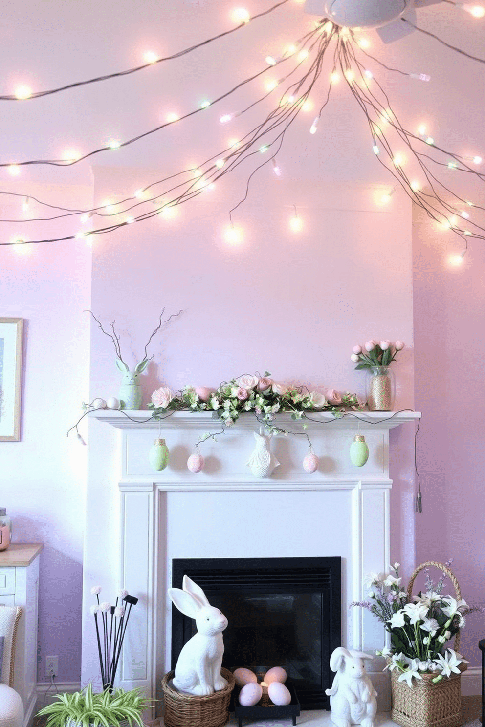 A whimsical living space adorned with pastel-colored fairy lights strung across the ceiling, casting a soft glow throughout the room. The walls are painted in a light lavender hue, complementing the gentle ambiance created by the twinkling lights. A cozy fireplace serves as the focal point of the room, decorated with Easter-themed accents like pastel-colored eggs and delicate floral arrangements. The mantel is adorned with a charming bunny figurine and a garland of fresh flowers, enhancing the festive atmosphere.