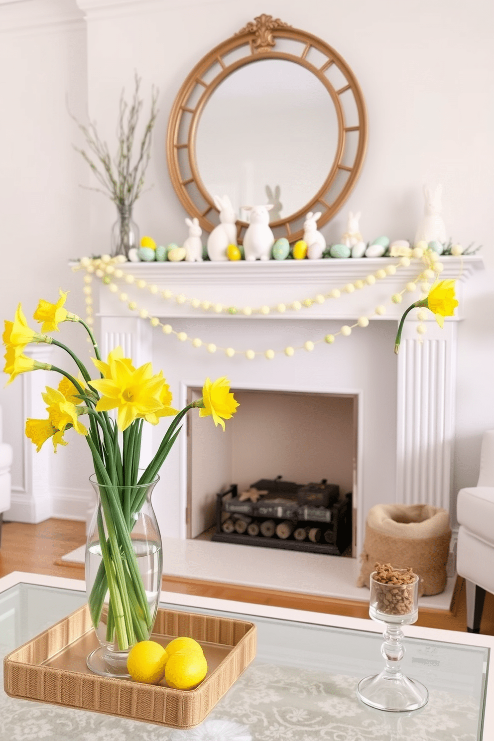 A bright and inviting living room features fresh daffodil arrangements in elegant vases placed on a coffee table. The vibrant yellow blooms add a cheerful touch to the space, complementing the soft pastel color palette of the room. A cozy fireplace serves as the focal point, adorned with tasteful Easter decorations. Delicate garlands of pastel-colored eggs and charming bunnies are artfully arranged along the mantel, enhancing the festive atmosphere.