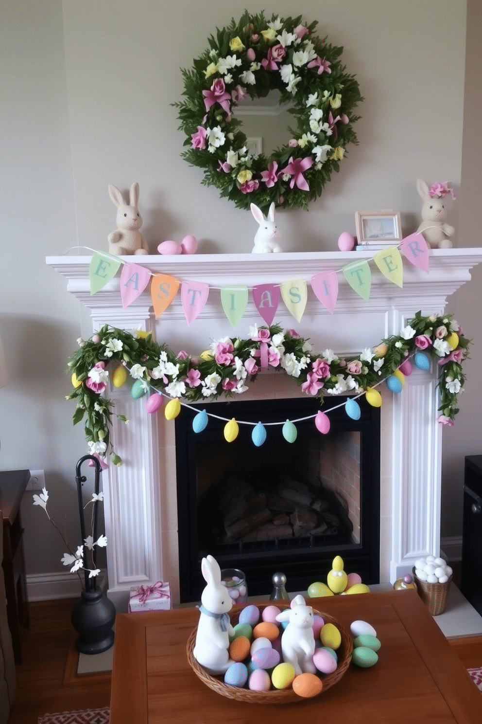 A cozy living room adorned with festive Easter-themed bunting hanging across the mantel. The fireplace is decorated with pastel-colored eggs and a charming bunny figurine, creating a cheerful atmosphere. A warm and inviting fireplace setting featuring a garland of spring flowers intertwined with Easter-themed bunting. Colorful eggs and small decorative bunnies are artfully arranged on the mantel, enhancing the seasonal decor.