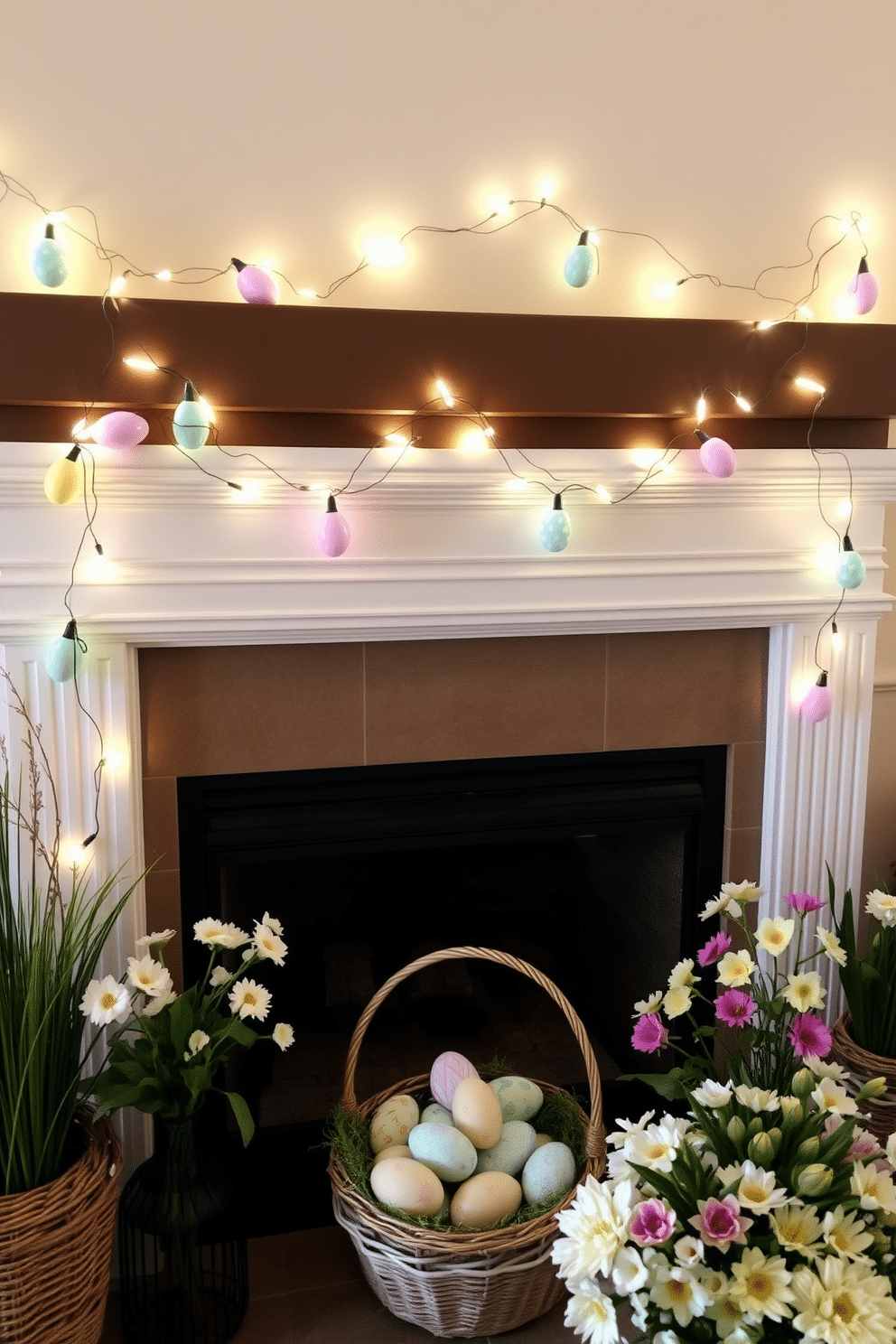 A whimsical lighted Easter egg garland drapes elegantly across a mantel, showcasing pastel-colored eggs in a variety of patterns. Soft white fairy lights intertwine with the garland, creating a warm and inviting glow that enhances the festive atmosphere. An inviting fireplace is adorned with charming Easter decorations, including a collection of vibrant, hand-painted eggs nestled in a decorative basket. Surrounding the fireplace, fresh spring flowers in pastel hues add a touch of natural beauty, complementing the seasonal decor.